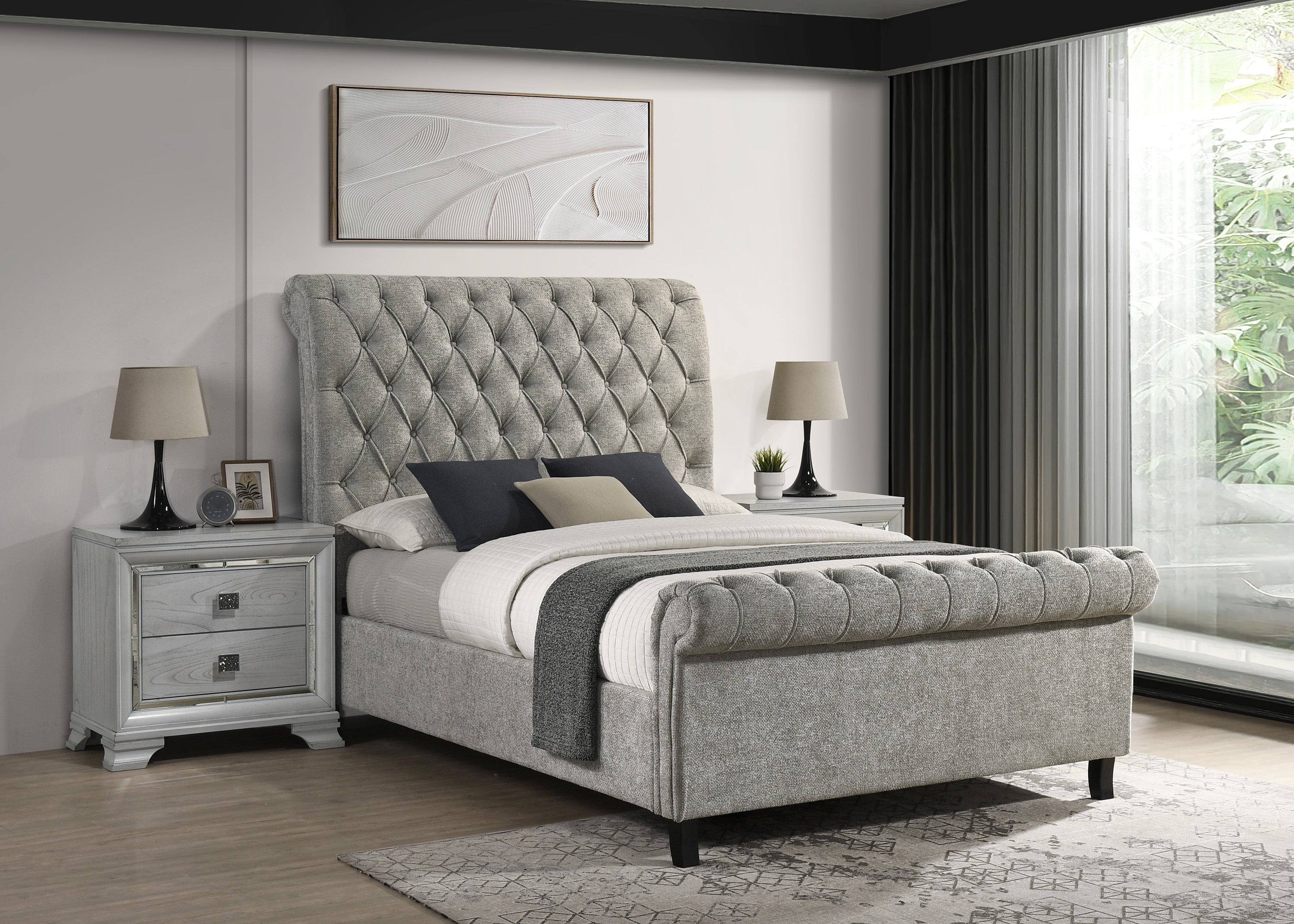Kate Queen Platform Bed-L.Grey Tweed