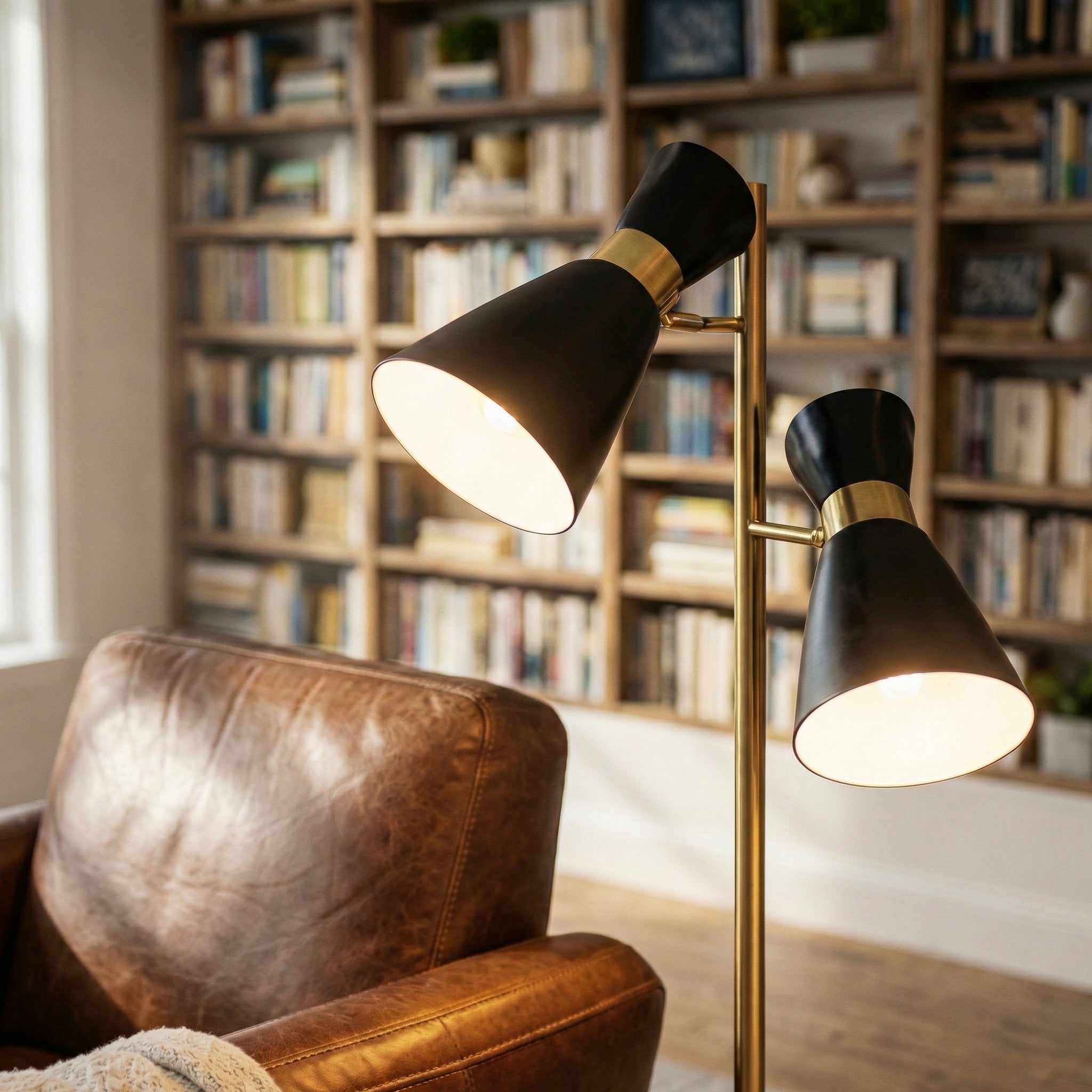 Axis Brassed Gold Floor Lamp | Double Spot Lights &amp; 4-Way Switch