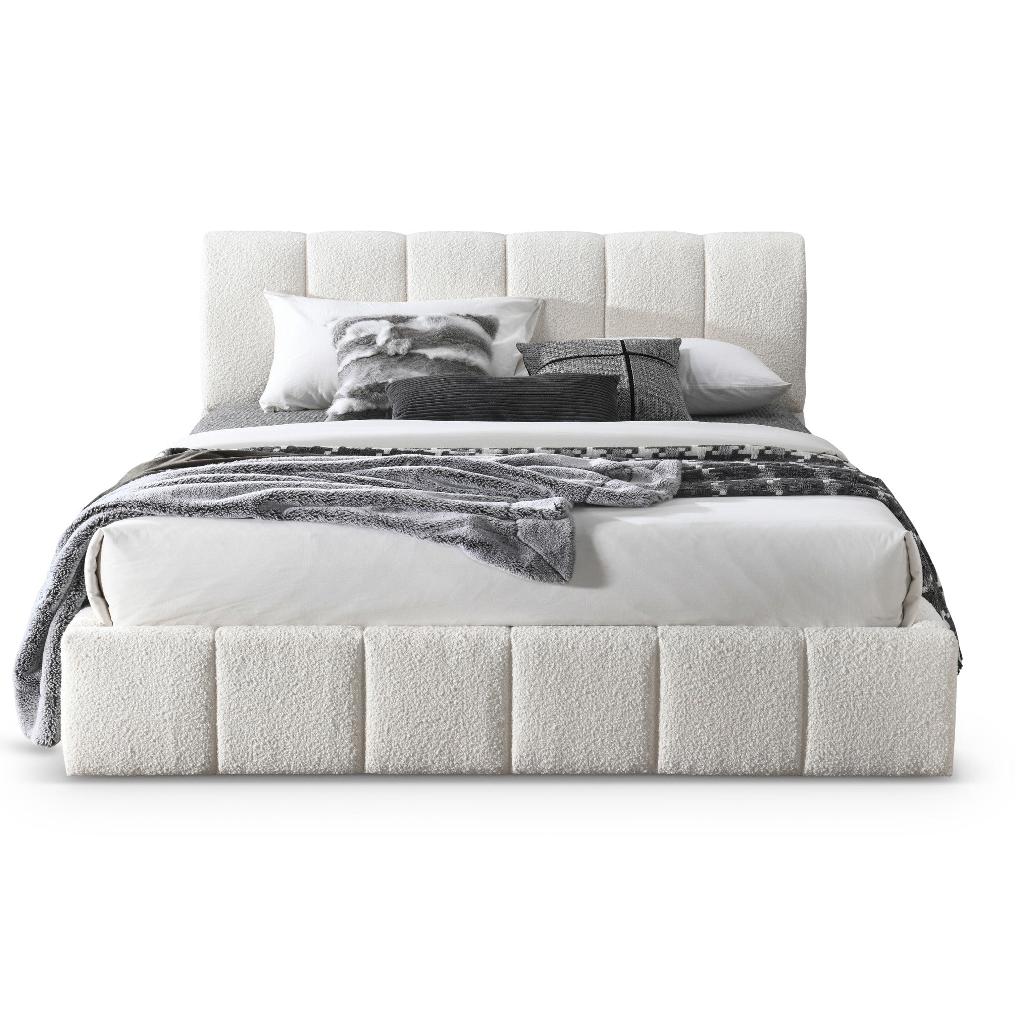 Hilar Modern White Bouclé King Size Platform Bed | Ashcroft Imports Furniture