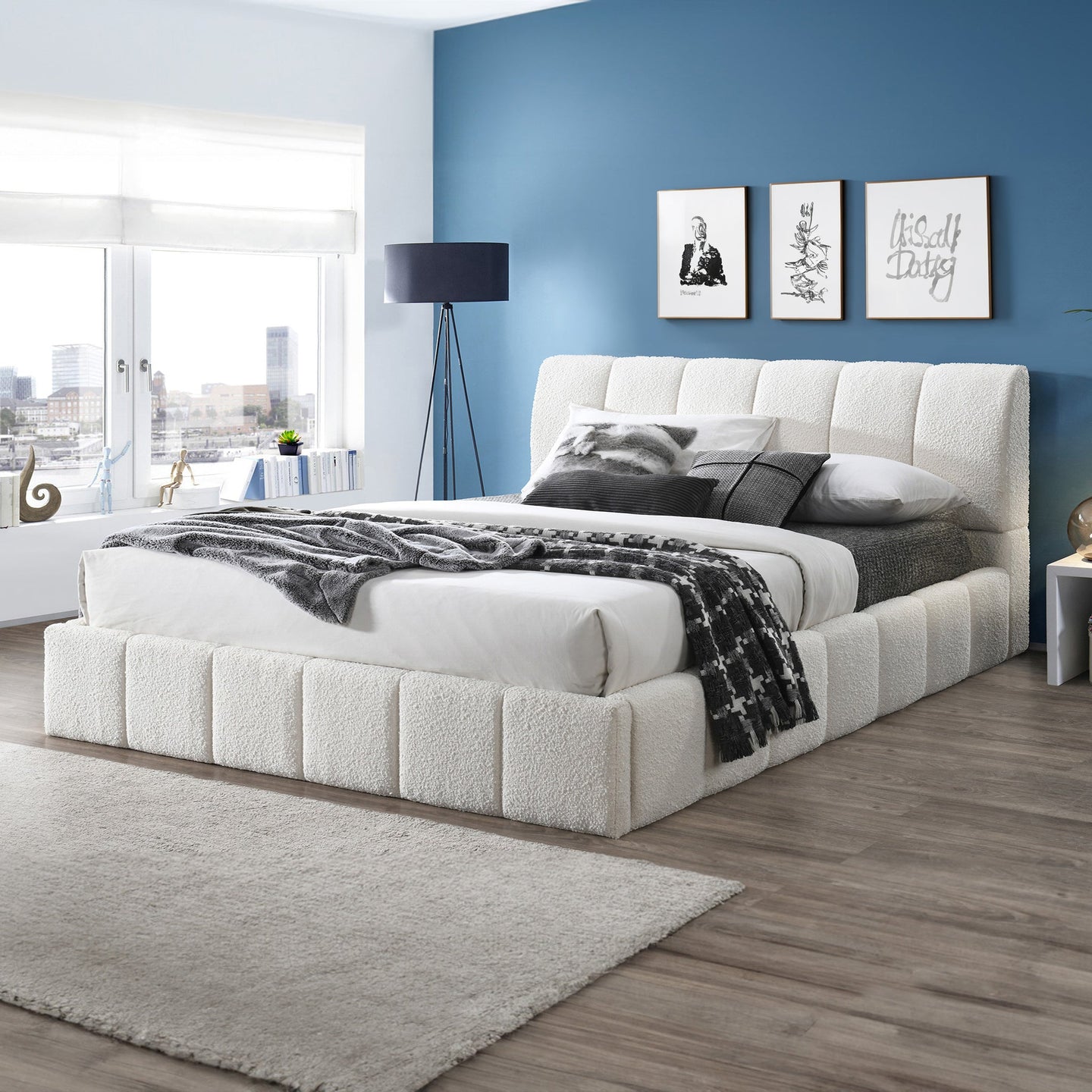 Hilar Modern White Bouclé King Size Platform Bed | Ashcroft Imports Furniture