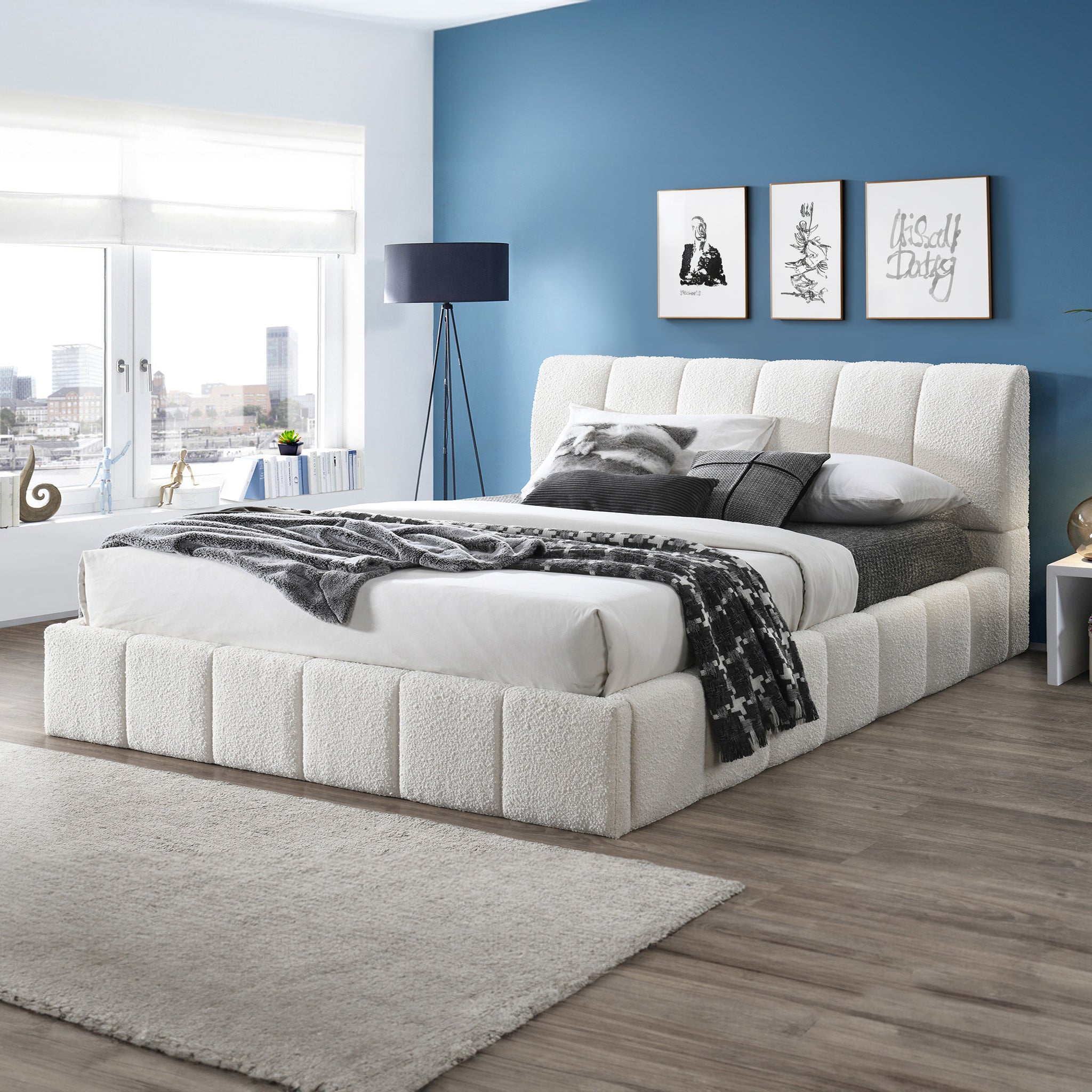 Hilar Modern White Bouclé King Size Platform Bed | Ashcroft Imports Furniture