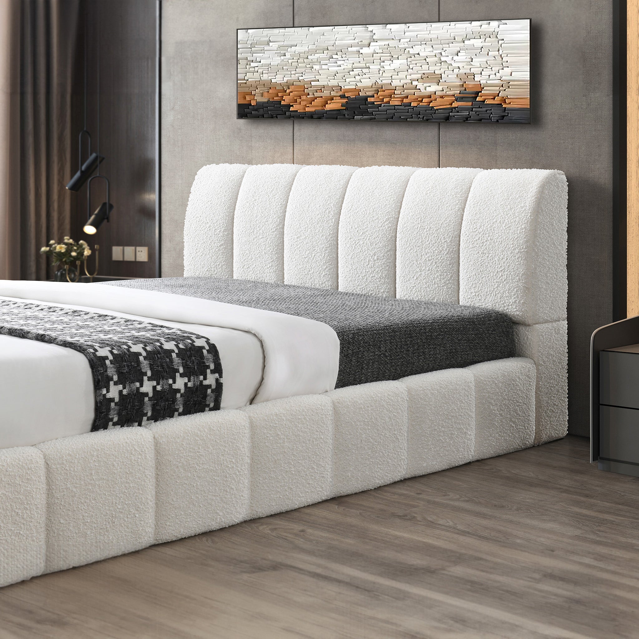 Hilar Modern White Bouclé King Size Platform Bed | Ashcroft Imports Furniture