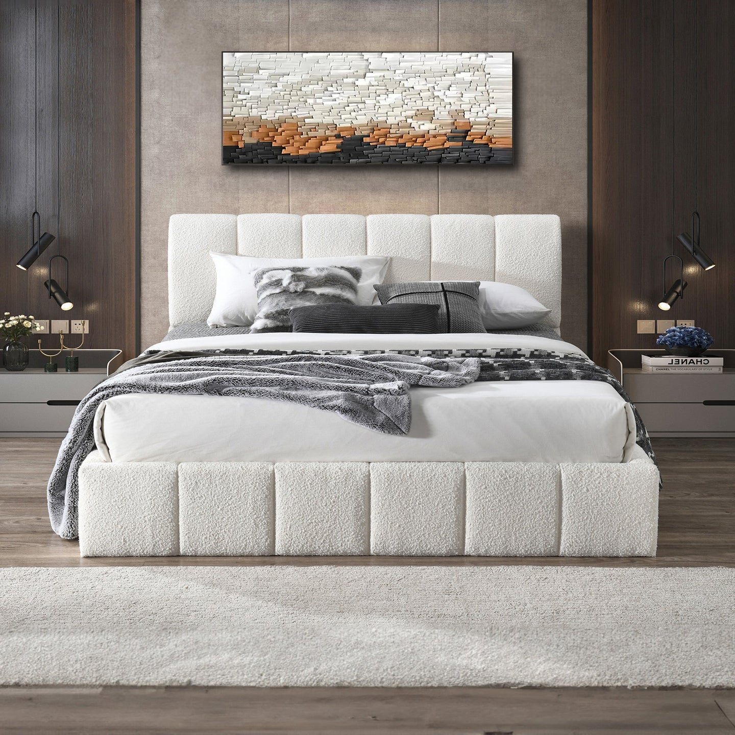 Hilar Modern White Bouclé King Size Platform Bed | Ashcroft Imports Furniture