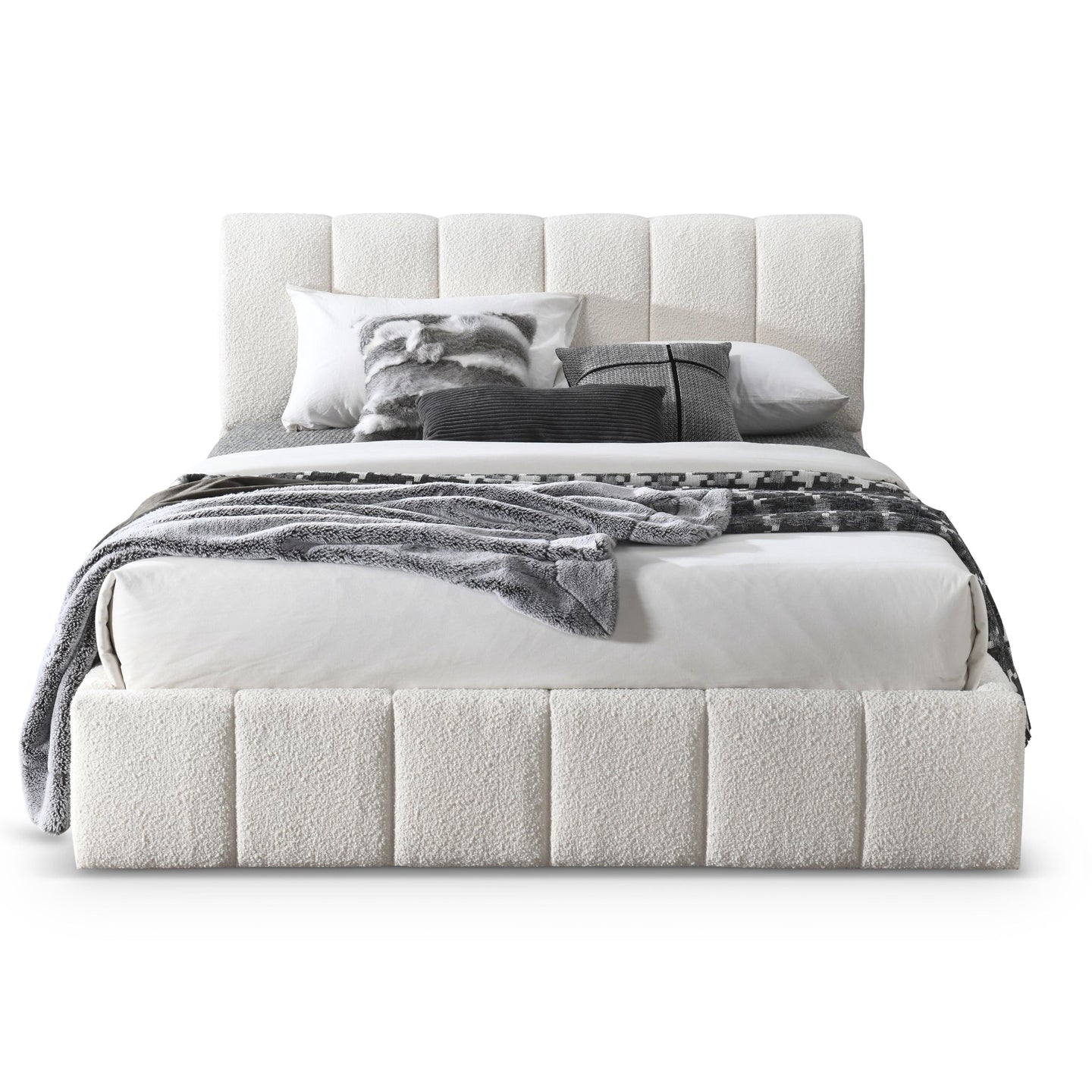 Hilar Modern White Bouclé Queen Size Platform Bed | Ashcroft Imports Furniture