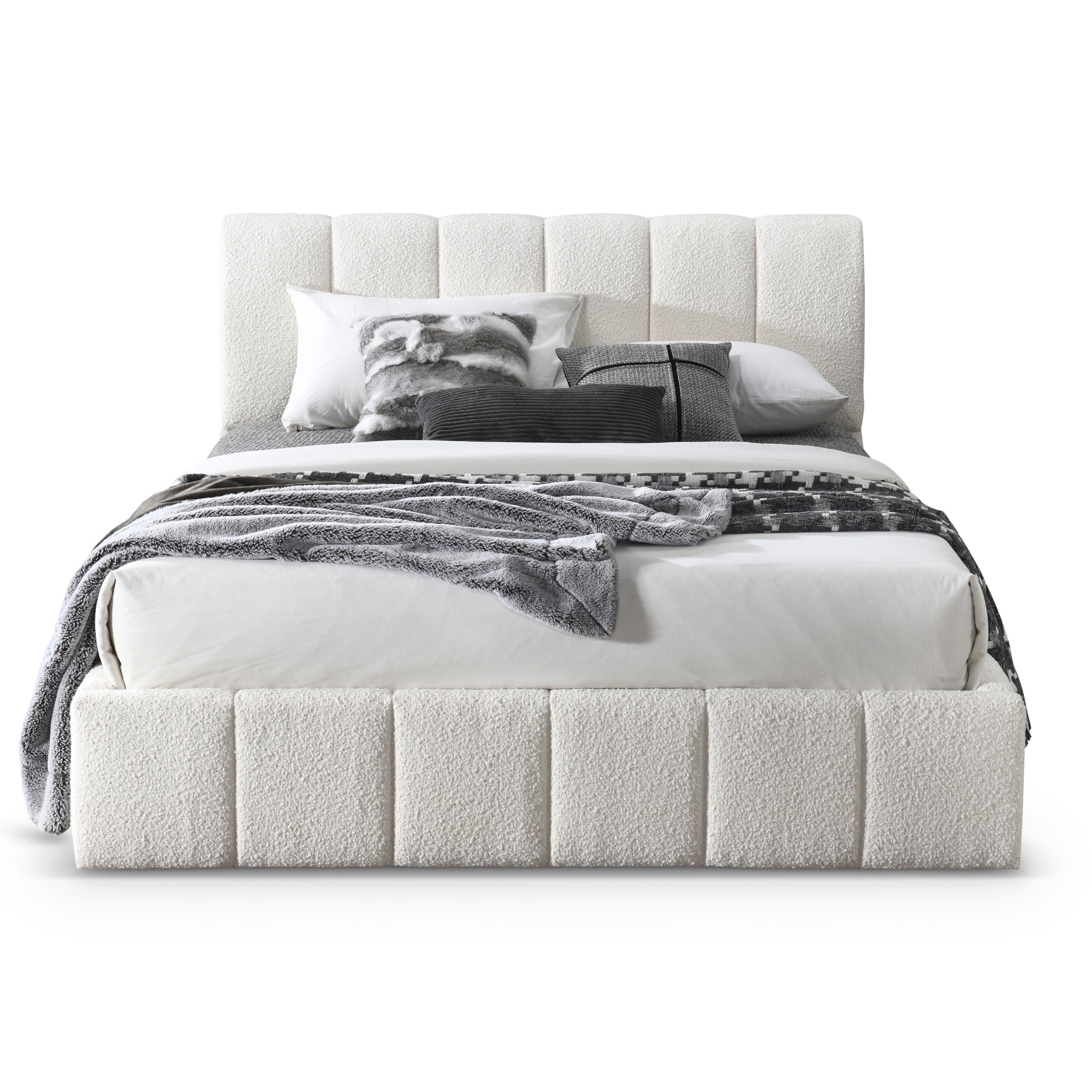 Hilar Modern White Bouclé Queen Size Platform Bed | Ashcroft Imports Furniture