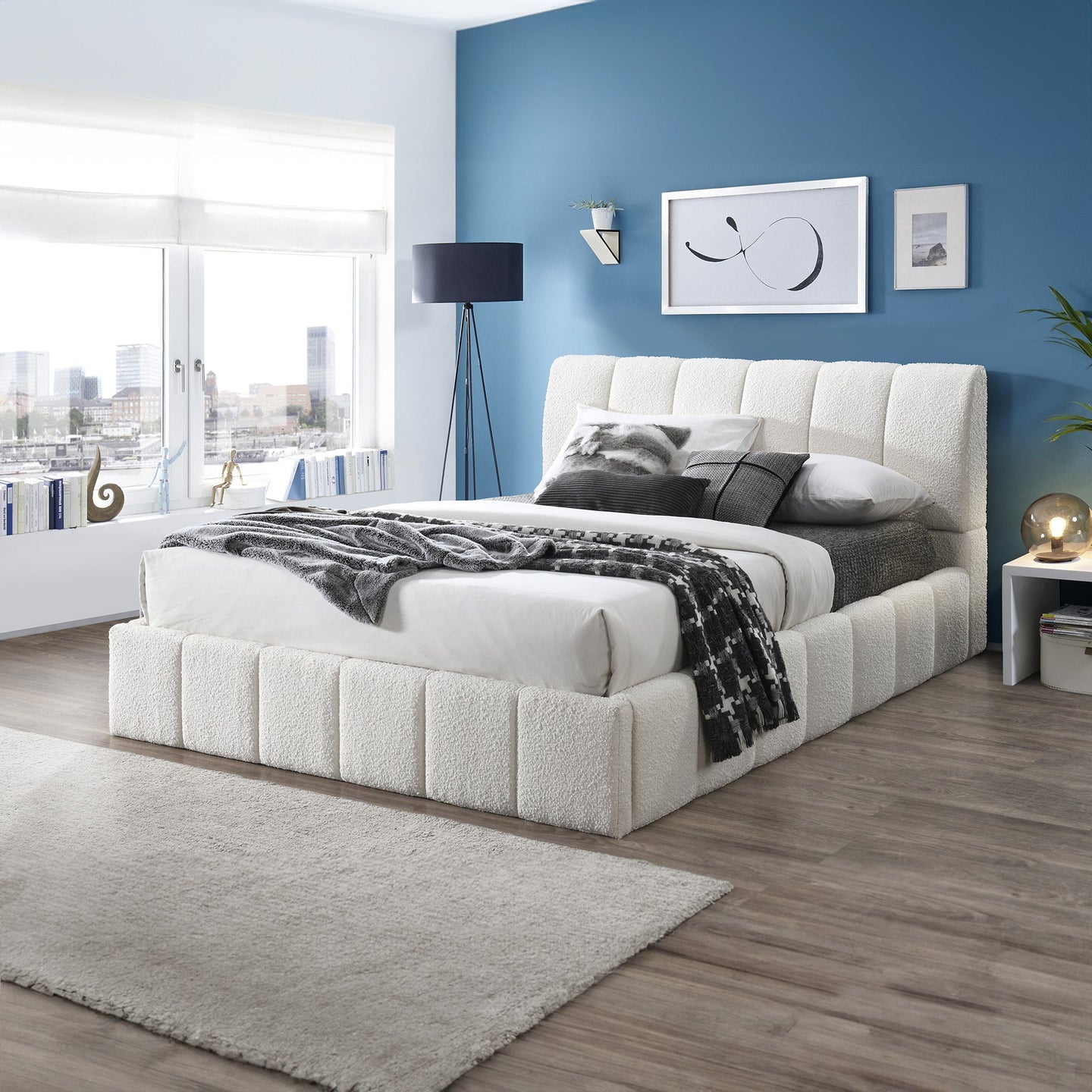 Hilar Modern White Bouclé Queen Size Platform Bed | Ashcroft Imports Furniture
