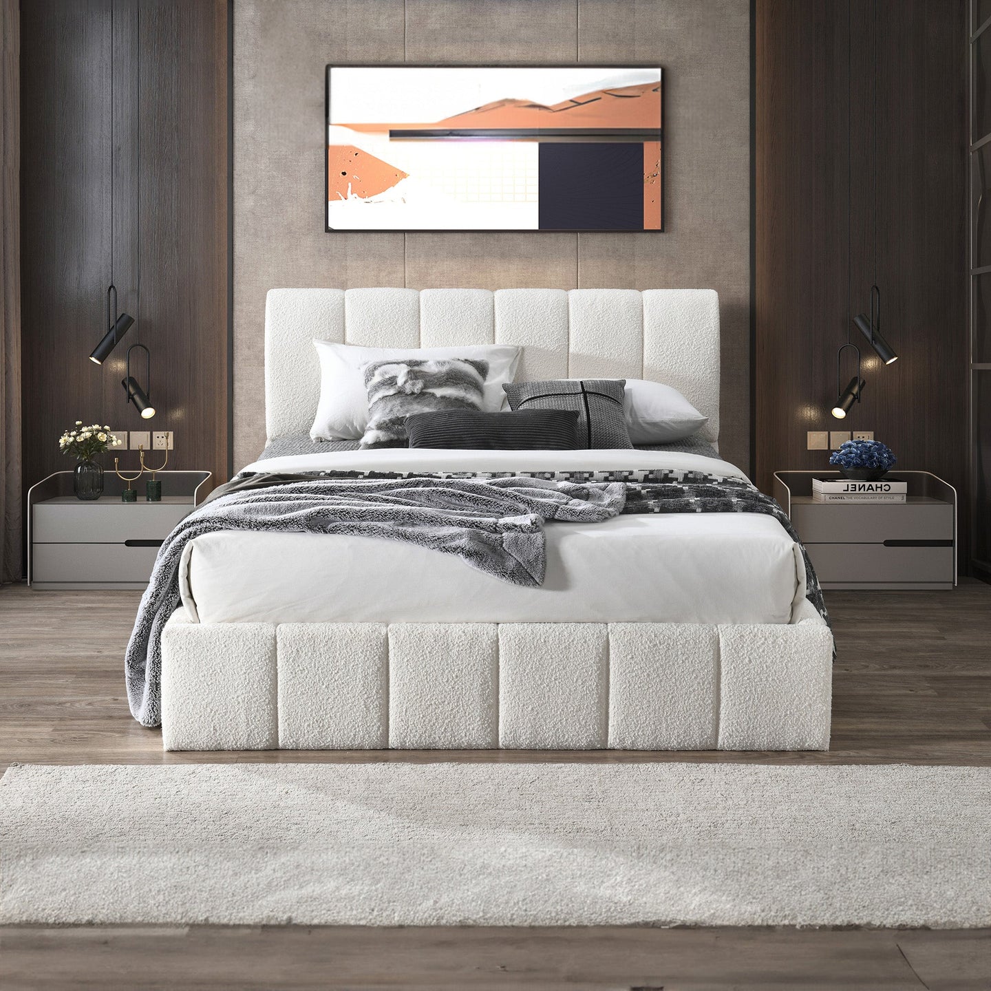 Hilar Modern White Bouclé Queen Size Platform Bed | Ashcroft Imports Furniture