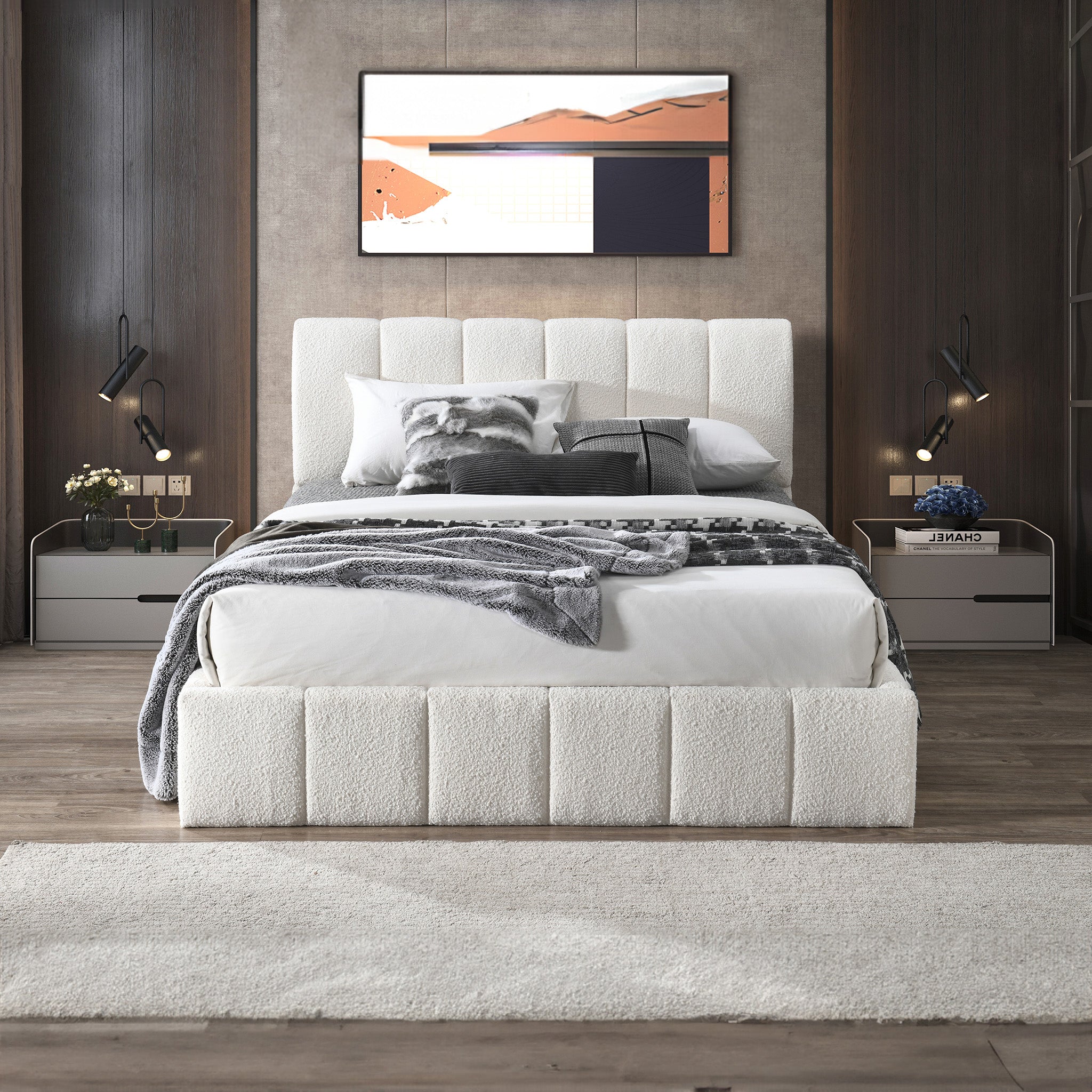 Hilar Modern White Bouclé Queen Size Platform Bed | Ashcroft Imports Furniture