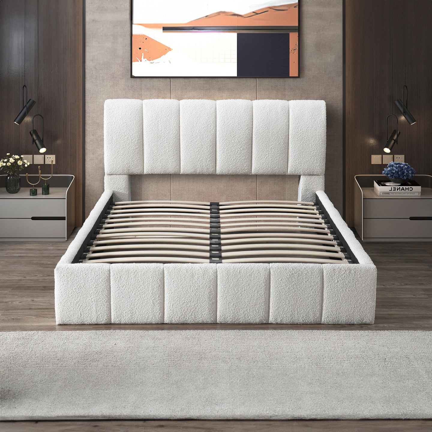Hilar Modern White Bouclé Queen Size Platform Bed | Ashcroft Imports Furniture