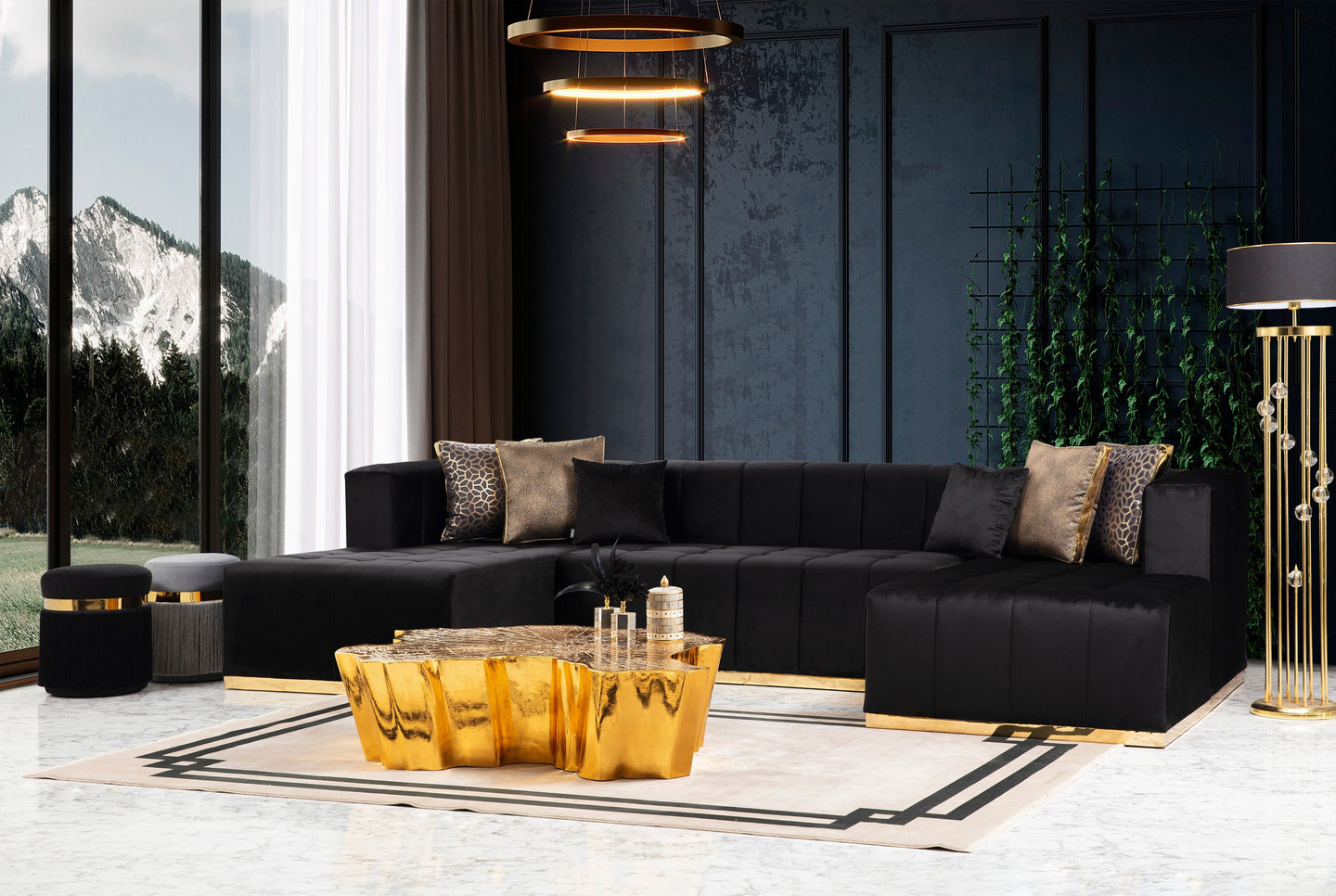 Elisha Black Velvet Double Chaise 140" Sectional