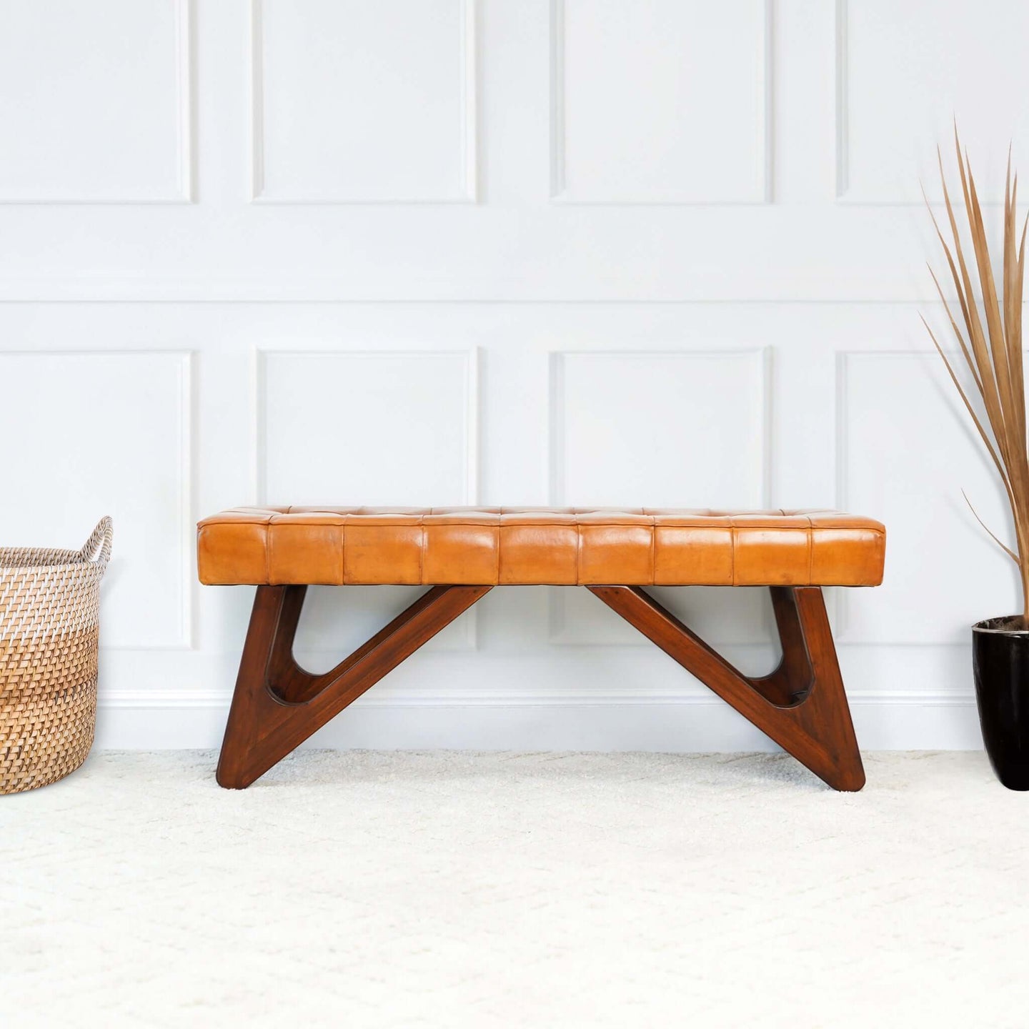 Mia Tan Leather Bench With Buttons