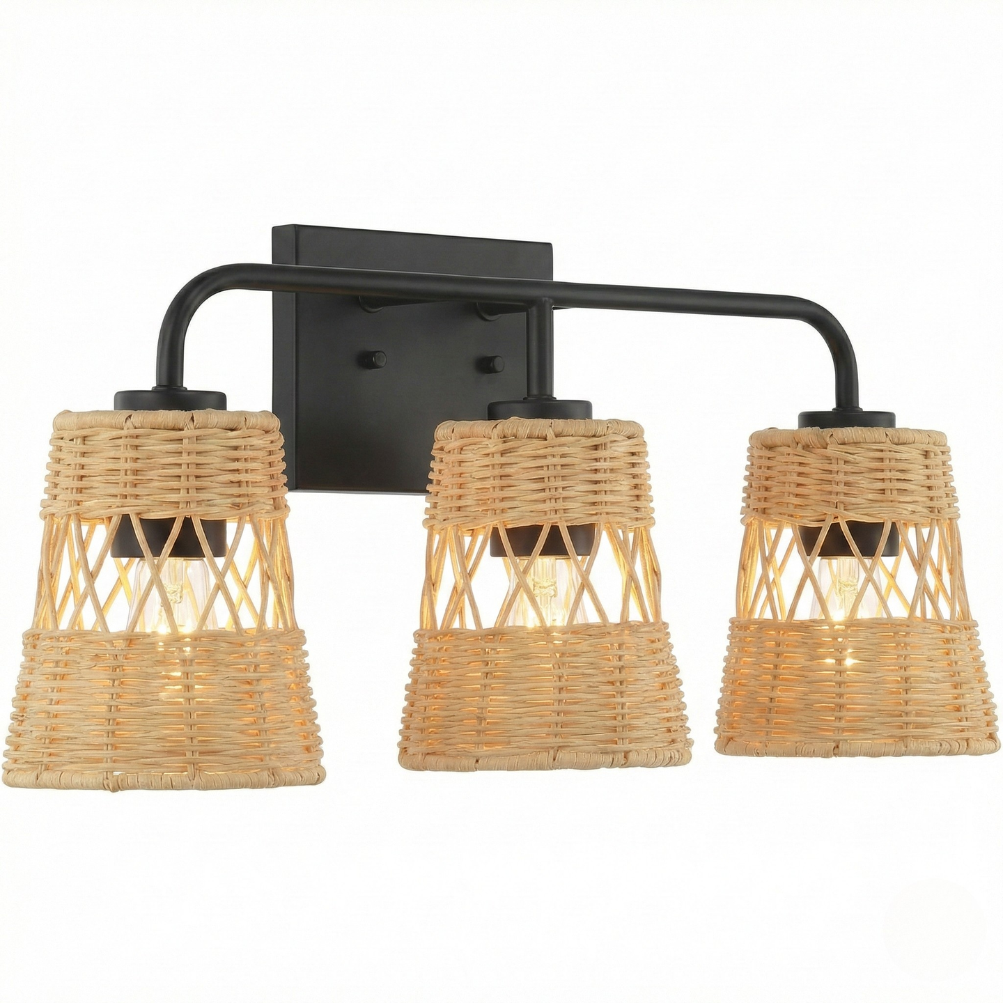 Moonlit Three Lights Wall Sconce With Rattan Shade, Bathroom Lighting Fixtures Over Mirror