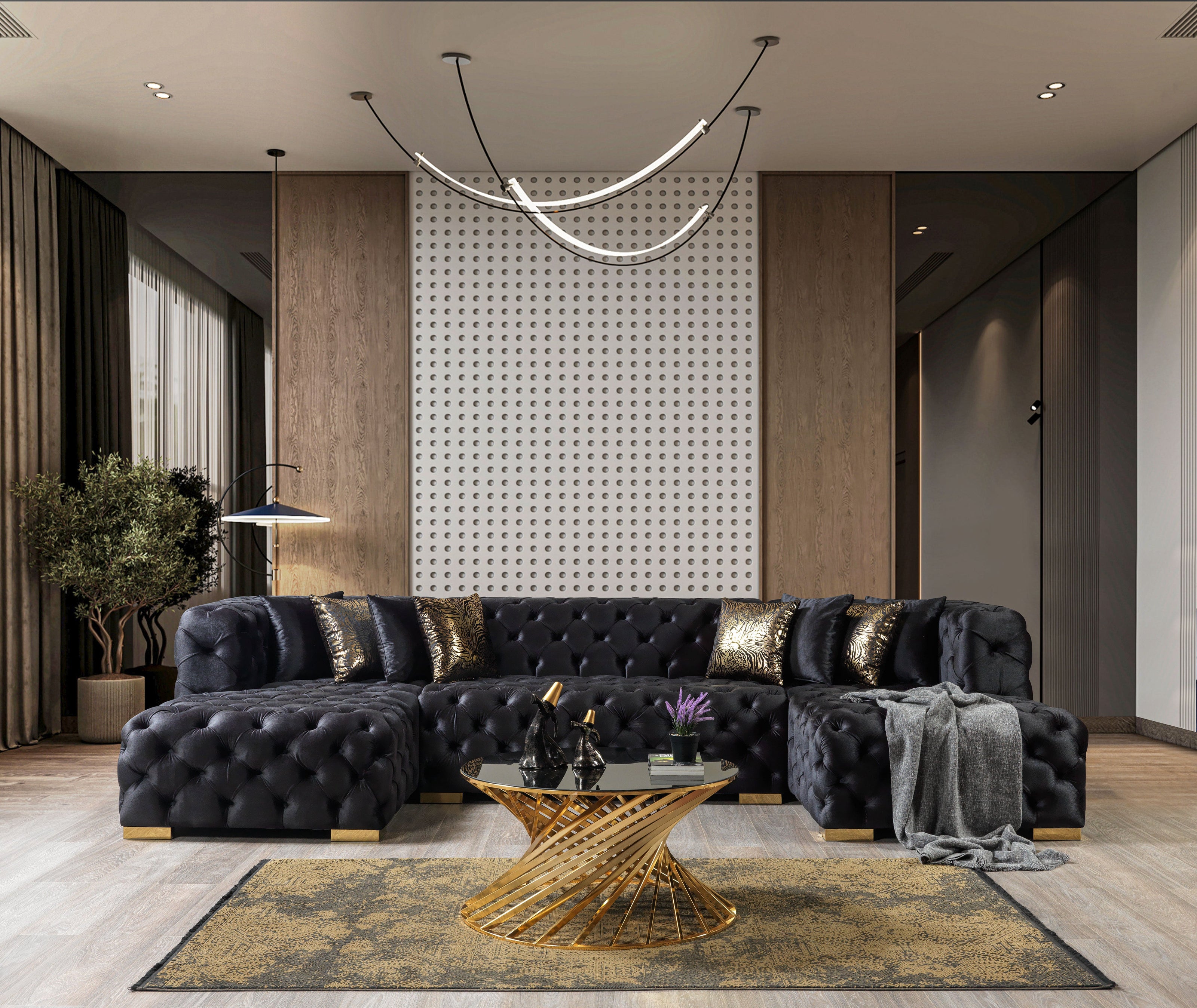 Neva Black Velvet Double Chaise 138" Sectional