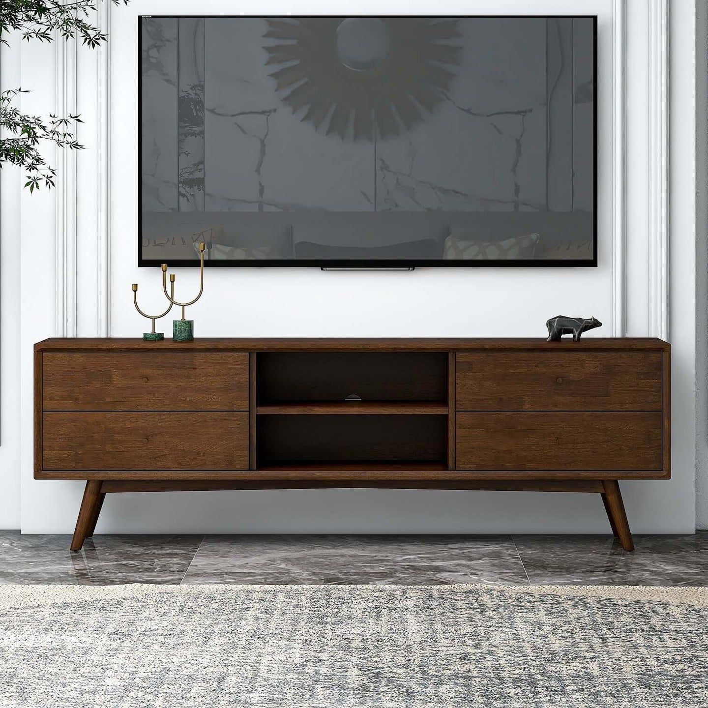 Caroline Mid-Century Modern Style Walnut TV Stand Up To 72"