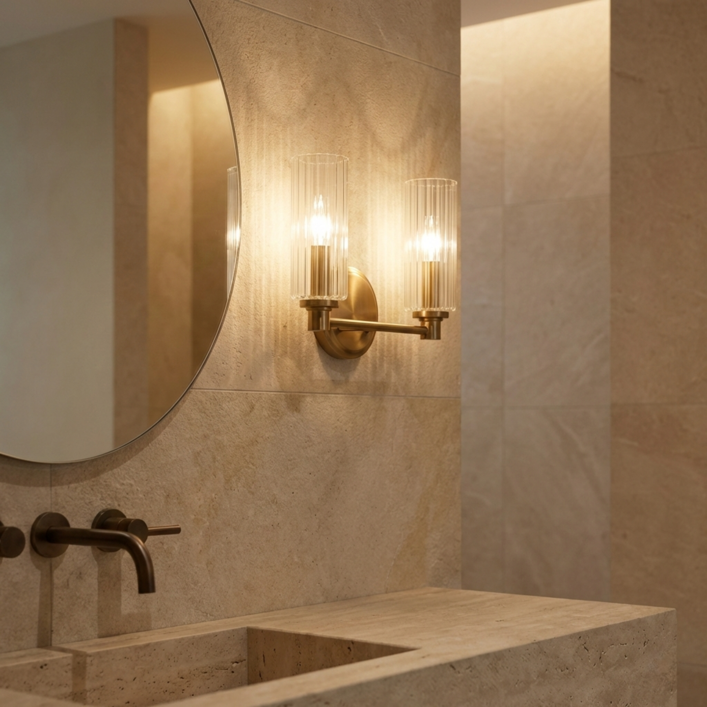 Regal Double Light Vanity | Satin Brass & Clear Ribbed Glass