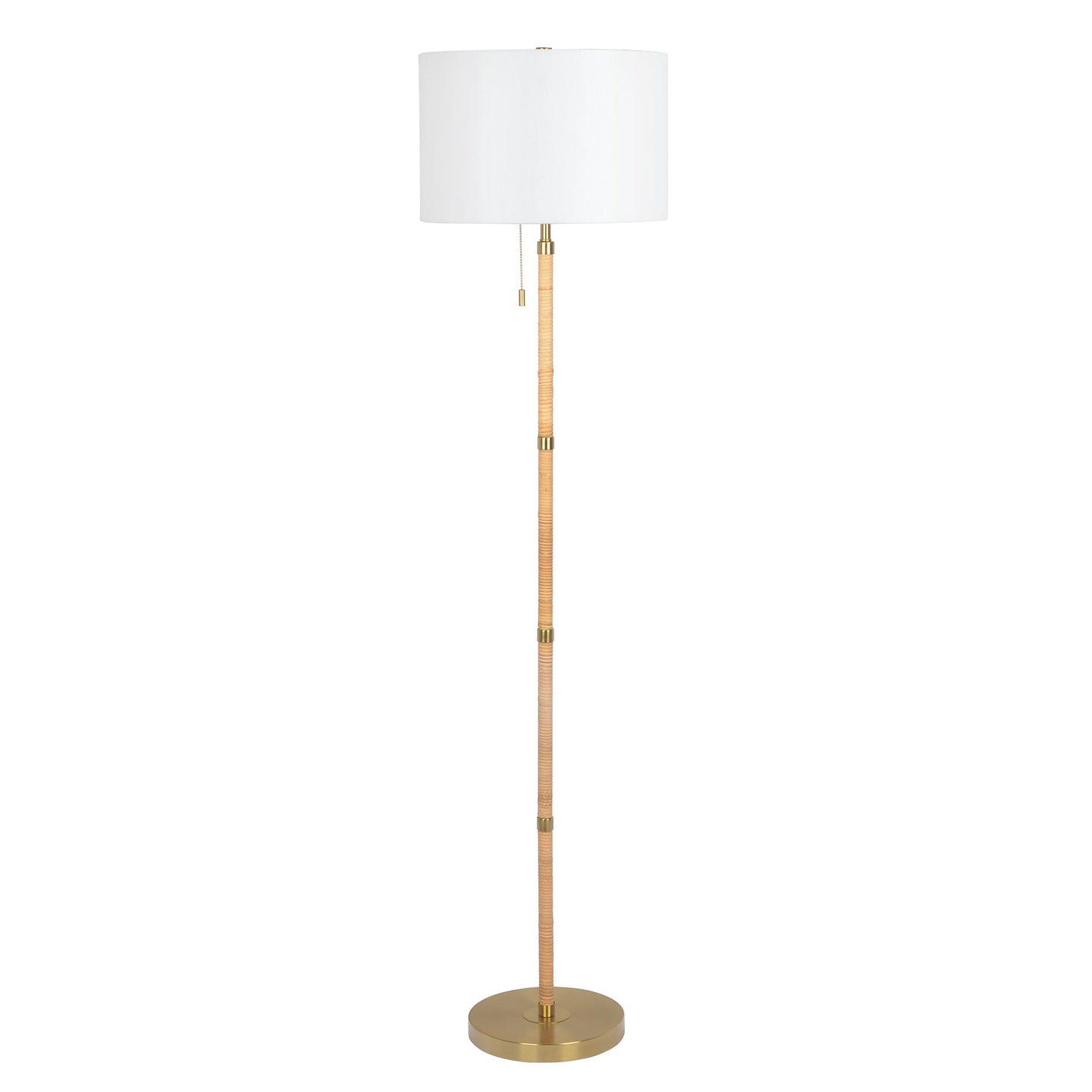 Stellar Wood & Rattan Floor Lamp | Gold Brass Accents &amp; White Linen Shade