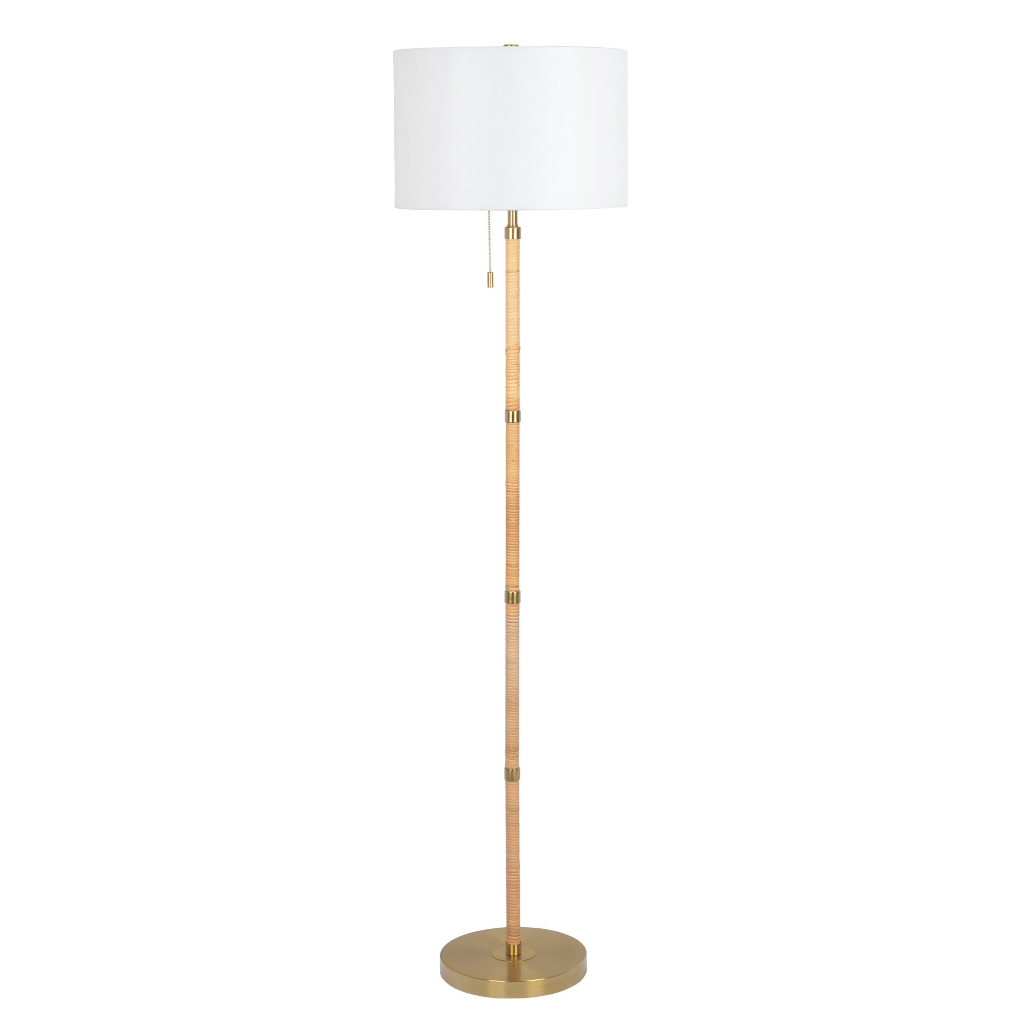 Stellar Wood & Rattan Floor Lamp | Gold Brass Accents &amp; White Linen Shade