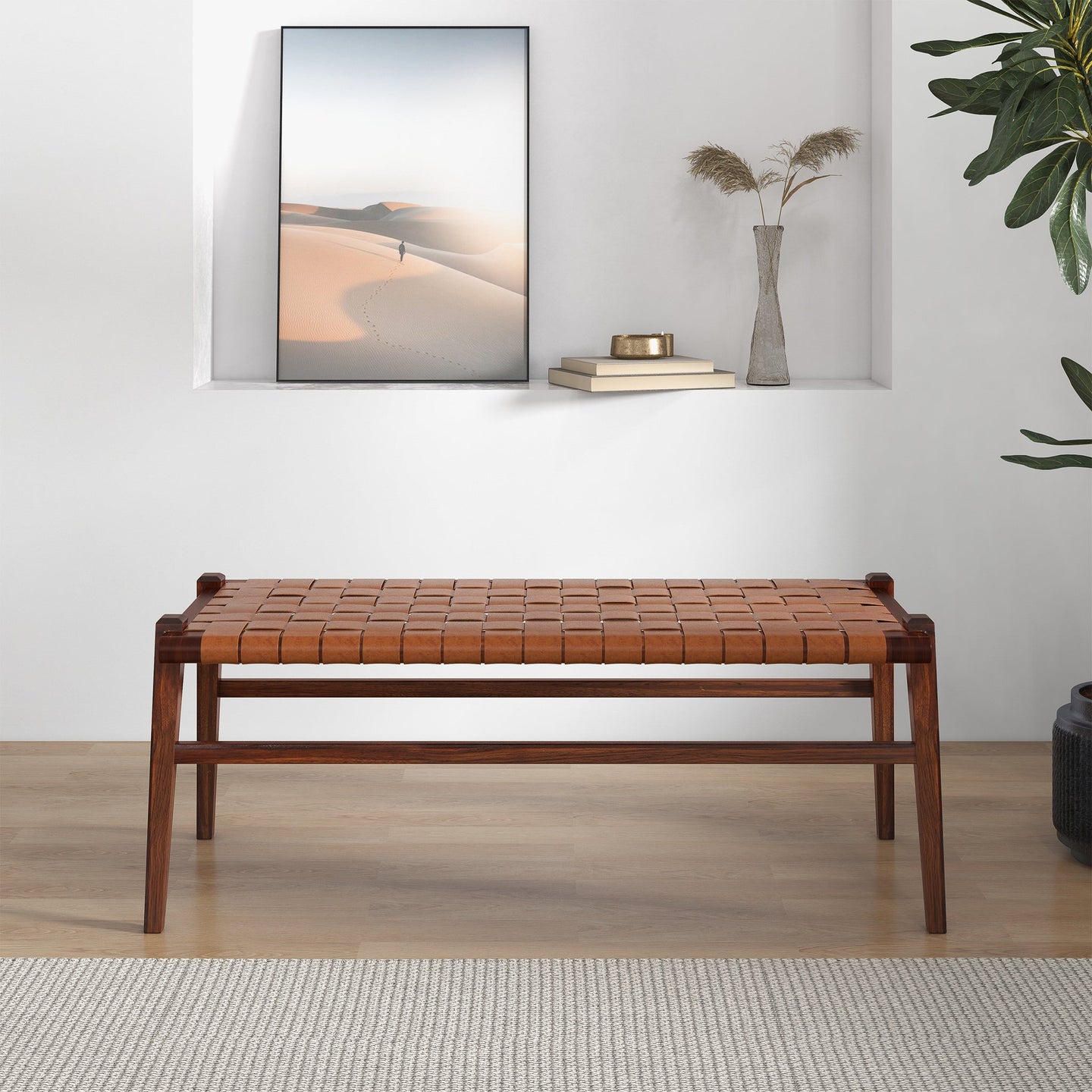 Cody Mid-Century Modern Tan Leather Bench - Ashcroft Furniture