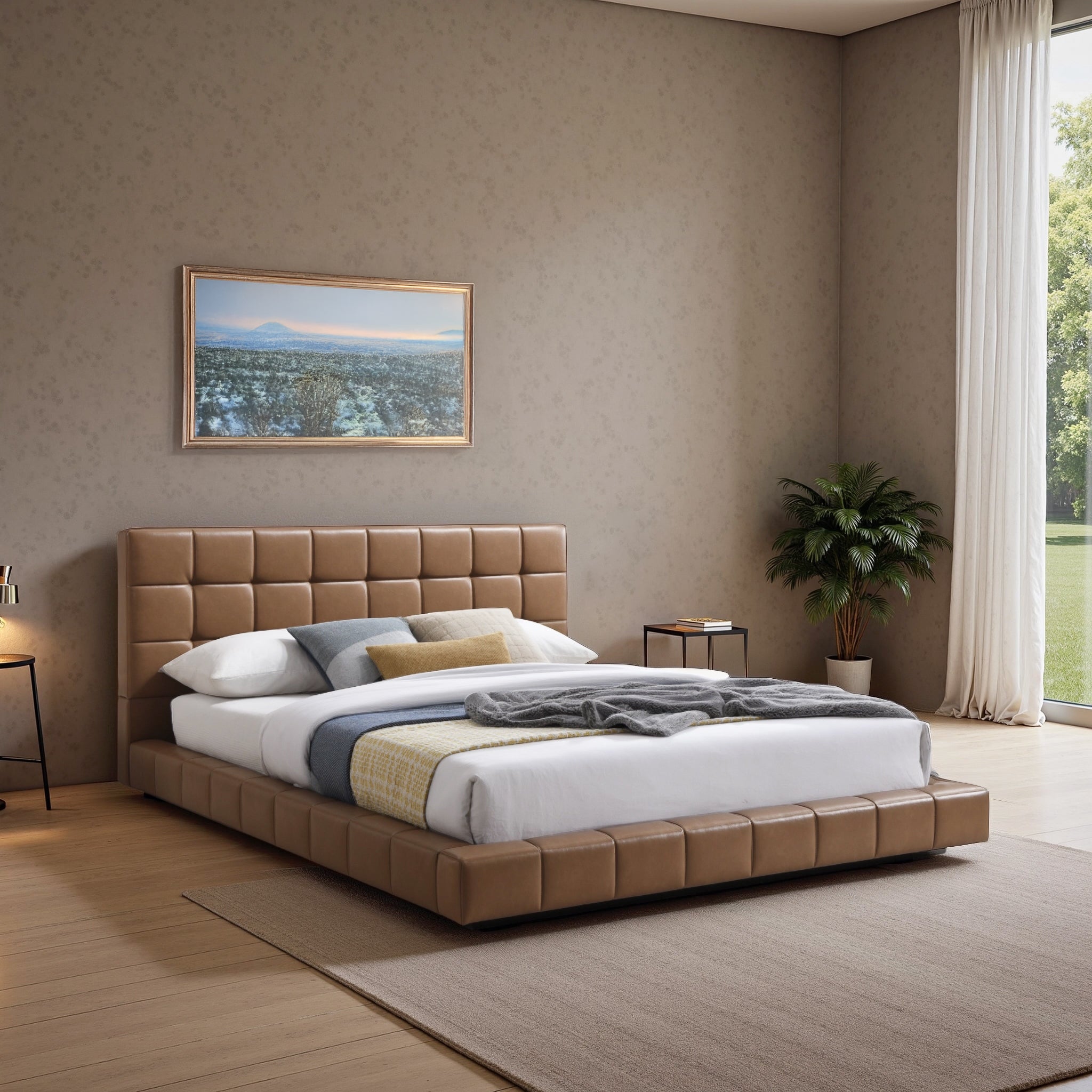 Hudson Tan Vegan Leather Upholstered Queen Platform Bed - Ashcroft Furniture