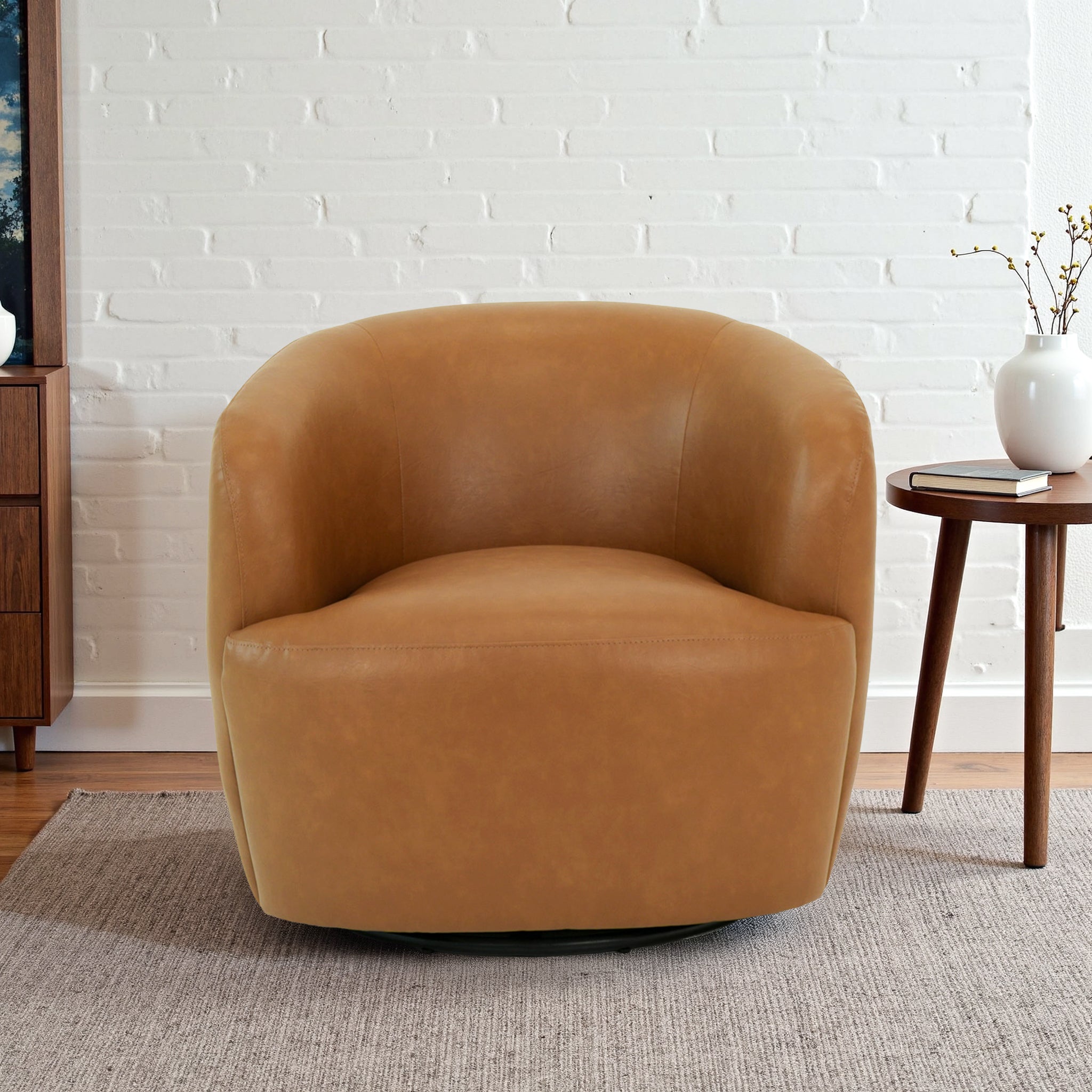 Mina 32" W Tan Vegan Leather Upholstered Swivel Barrel Chair - Ashcroft Furniture