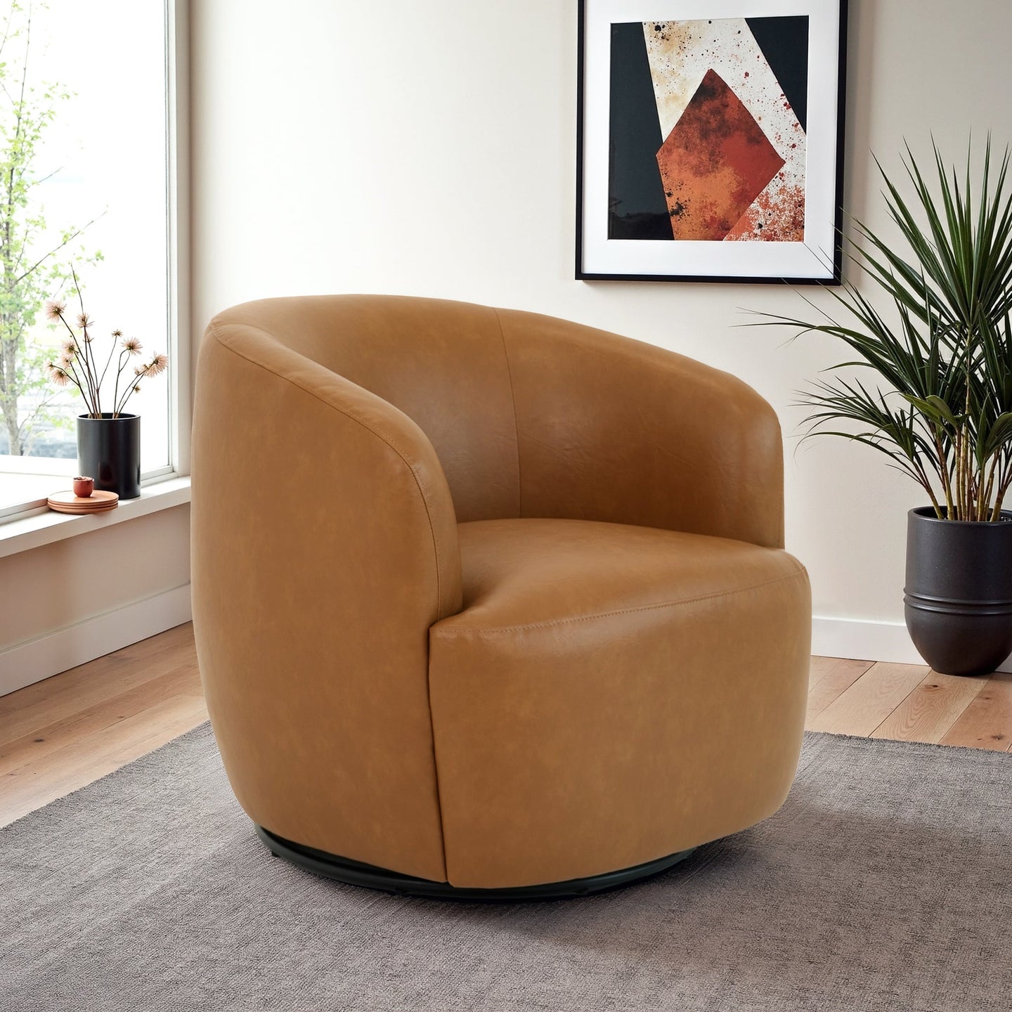 Mina 32" W Tan Vegan Leather Upholstered Swivel Barrel Chair - Ashcroft Furniture