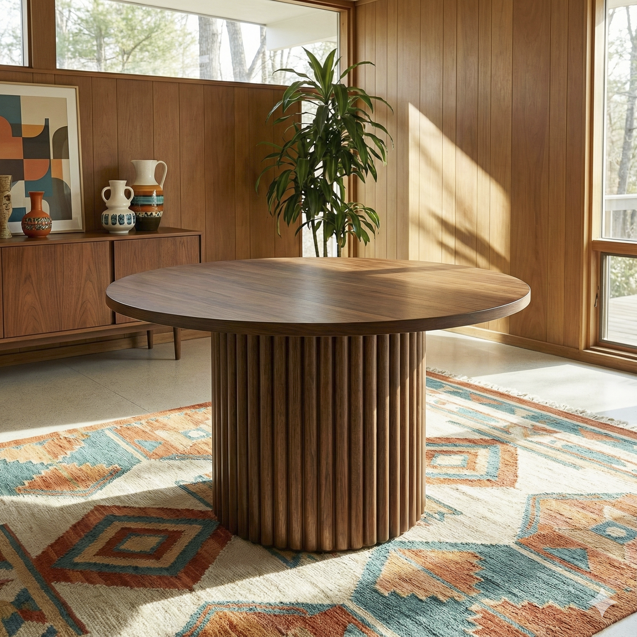 Merlin Round Walnut Dining Table with Sculptural Ribbed Pedestal Base | Ashcroft Imports Furniture