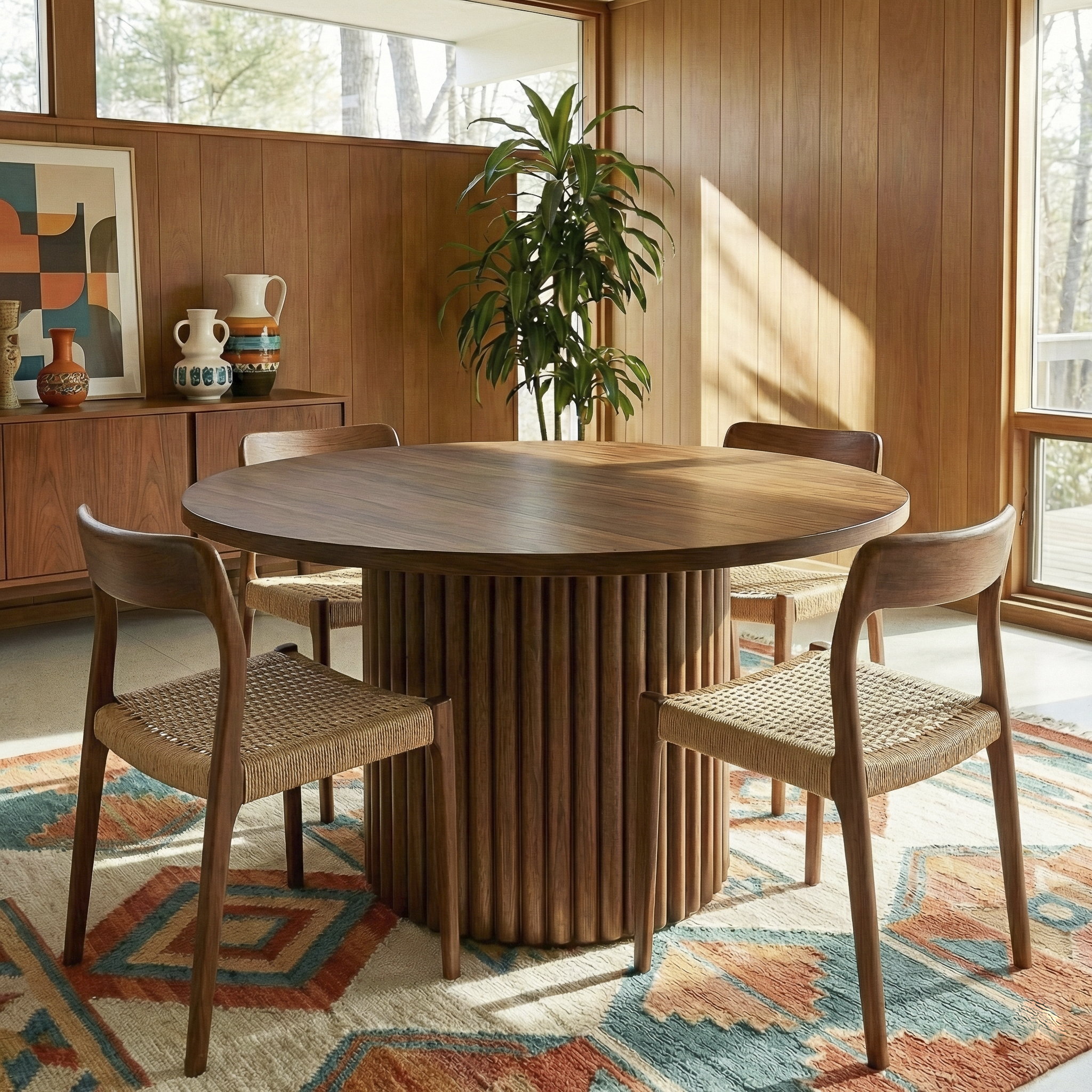 Merlin Round Walnut Dining Table with Sculptural Ribbed Pedestal Base | Ashcroft Imports Furniture