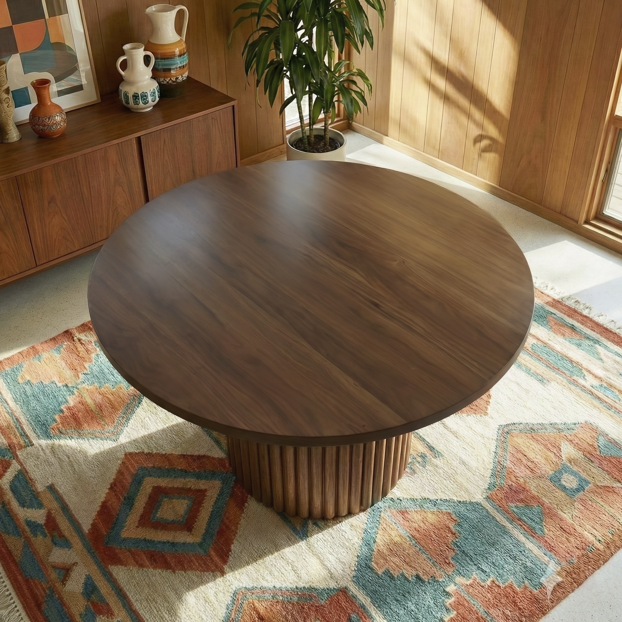 Merlin Round Walnut Dining Table with Sculptural Ribbed Pedestal Base | Ashcroft Imports Furniture