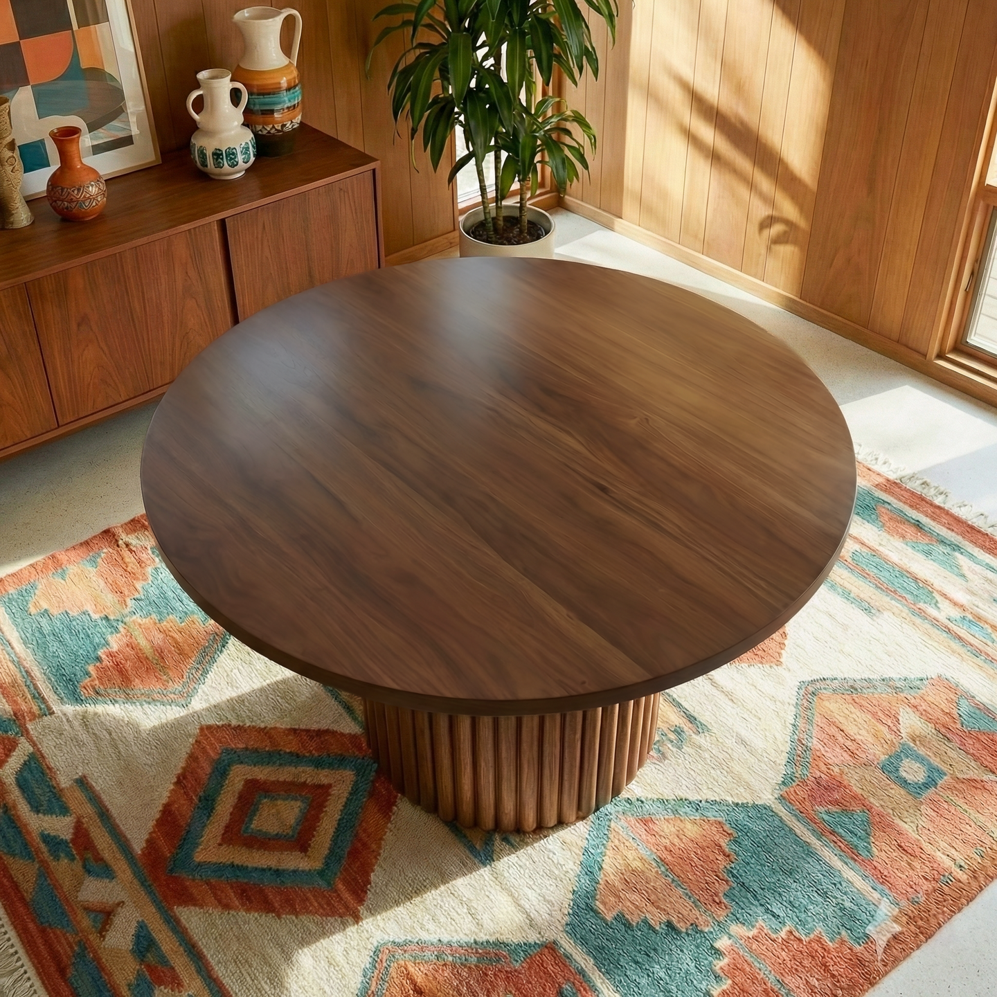 Merlin Round Walnut Dining Table with Sculptural Ribbed Pedestal Base | Ashcroft Imports Furniture