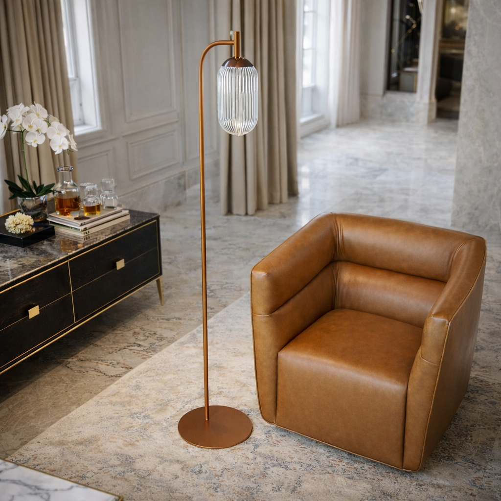 Vela Floor Lamp | Bronze Finish & Clear Ribbed Glass