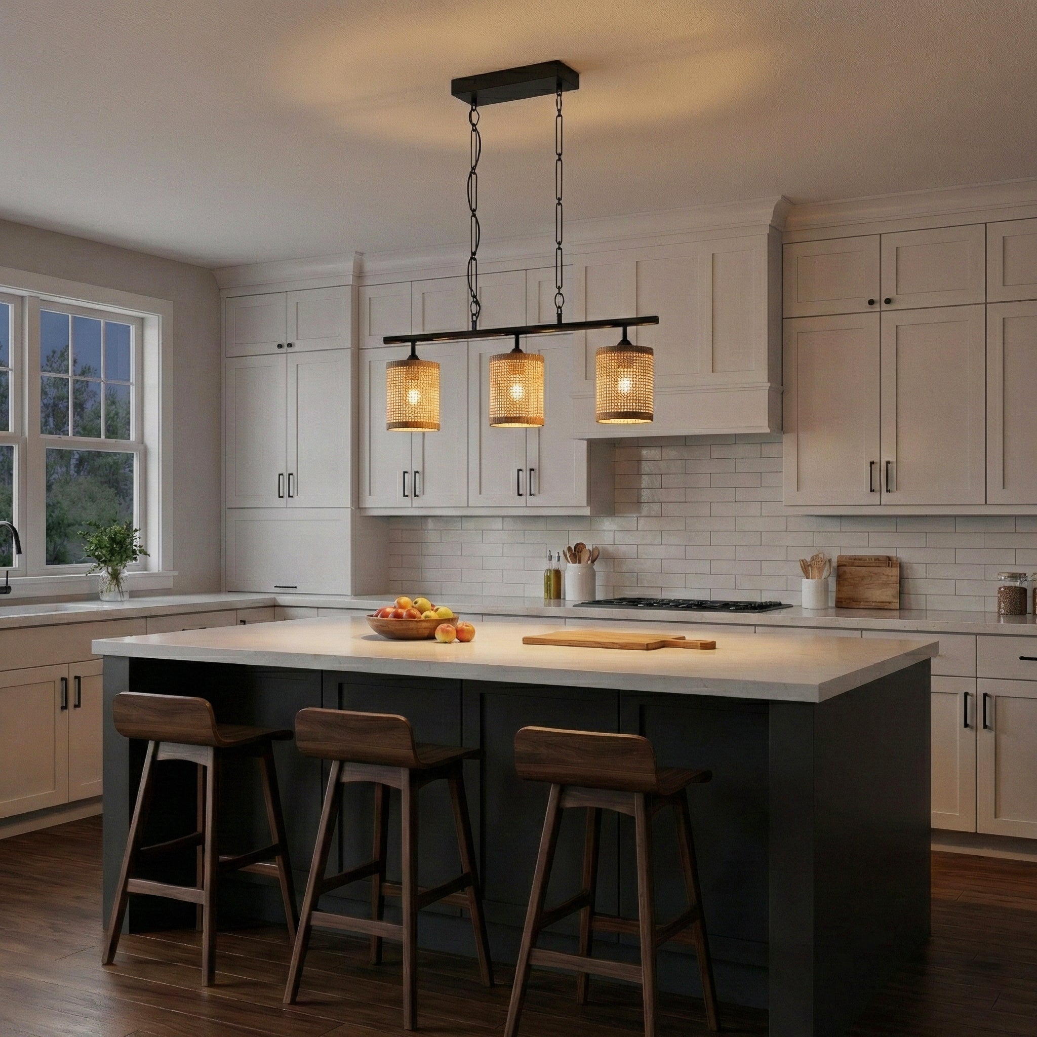 Elysian Three Lights Island Lamp | Natural Rattan & Farmhouse Chain