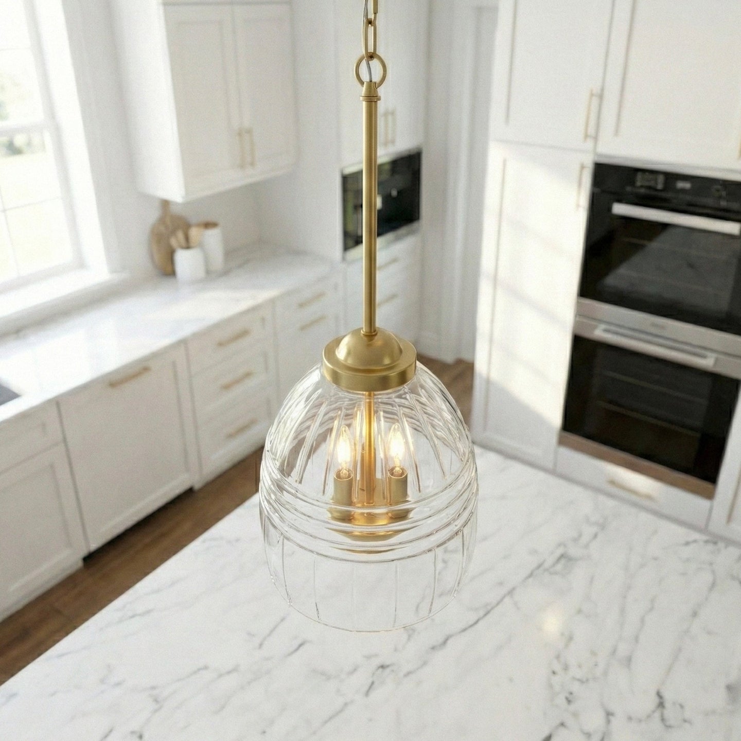 Ember Three Candle Lights Pendant | Satin Brass & Clear Glass