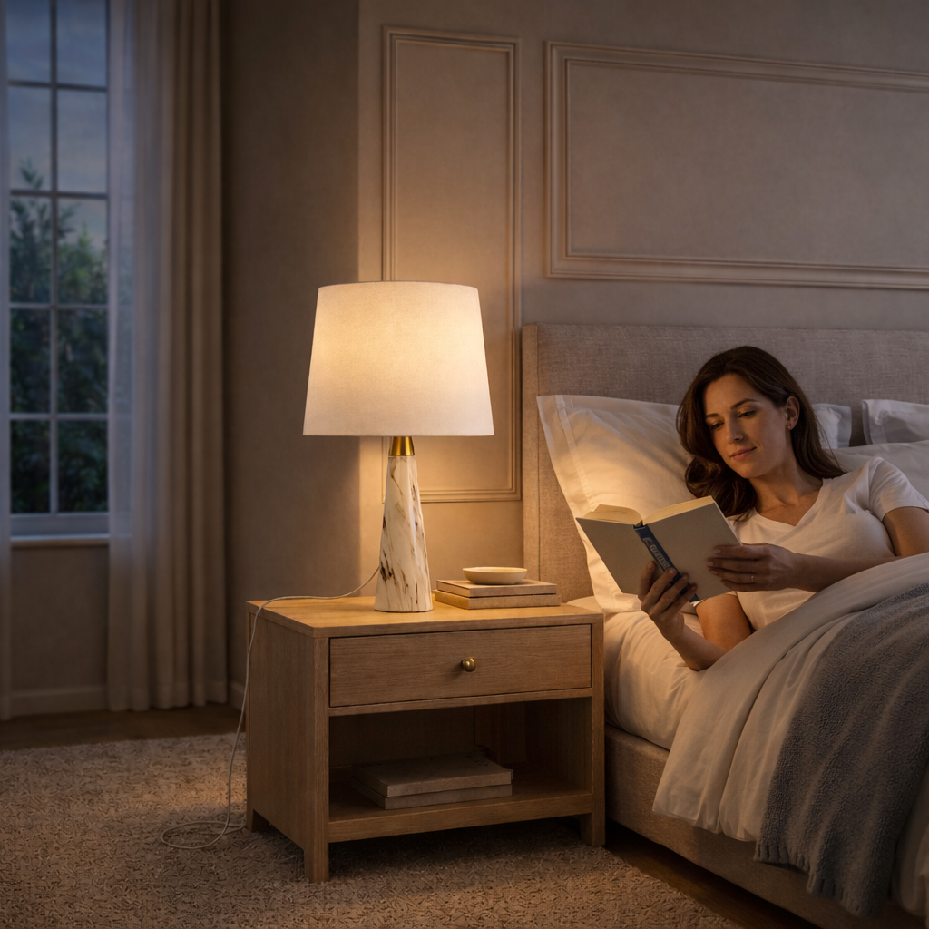 Enclave Hydro Black Table Lamp | Faux Marble Base & Fabric Shade