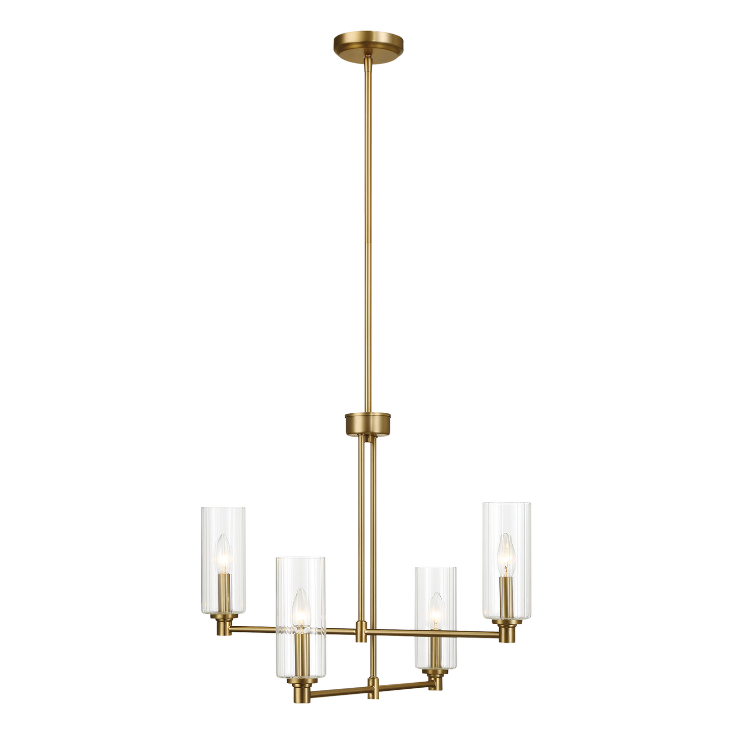 Enigma Four Lights Chandelier | Satin Brass & Clear Ribbed Glass