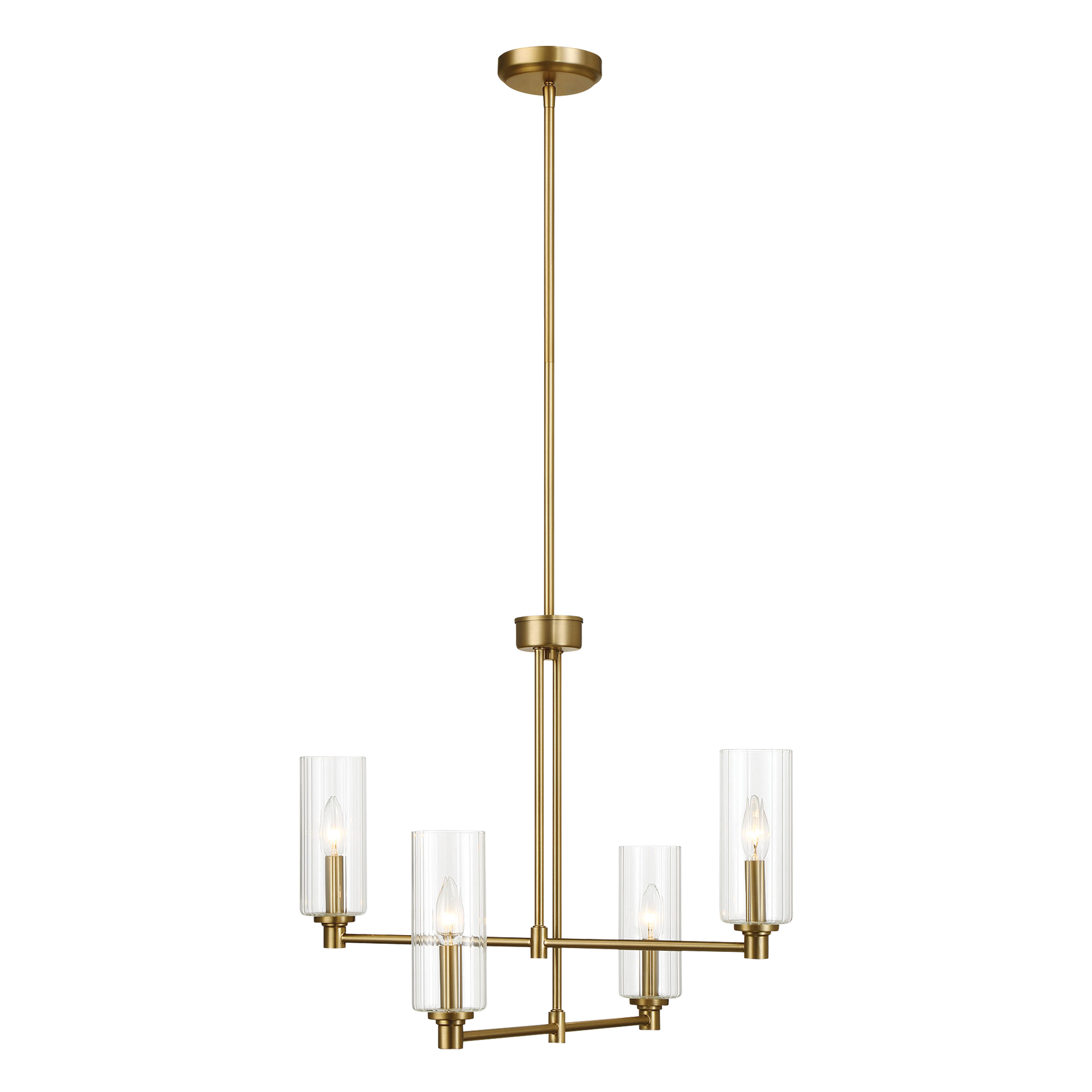 Enigma Four Lights Chandelier | Satin Brass & Clear Ribbed Glass