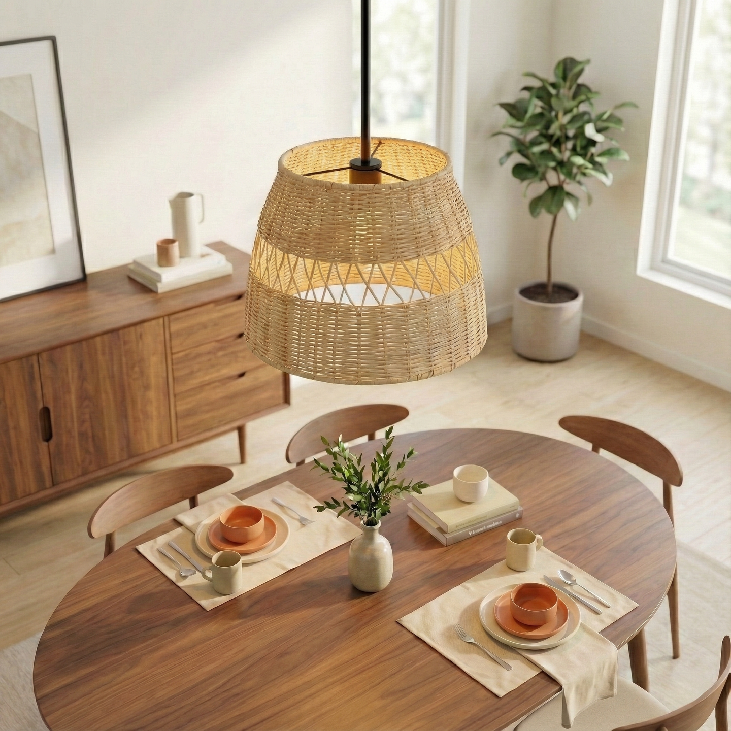 Essence Single Light Pendant | Rattan Shade & Black Metal
