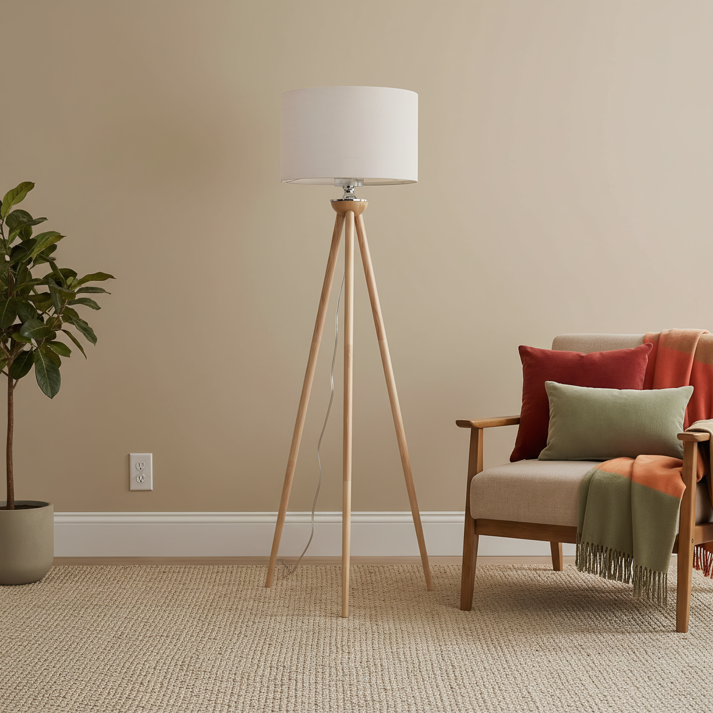 Lirios Floor Lamp | Natural Three-Legged Wood & Linen Shade