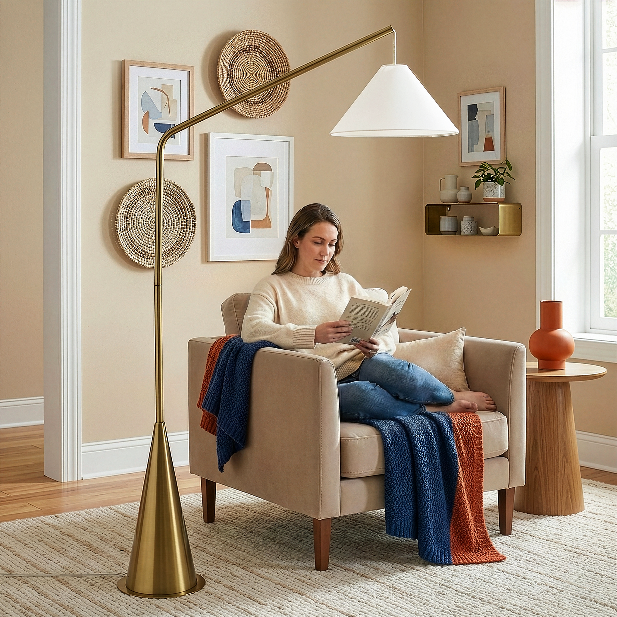 Lisbon Floor Lamp | Hanging White Shade & Coned Base
