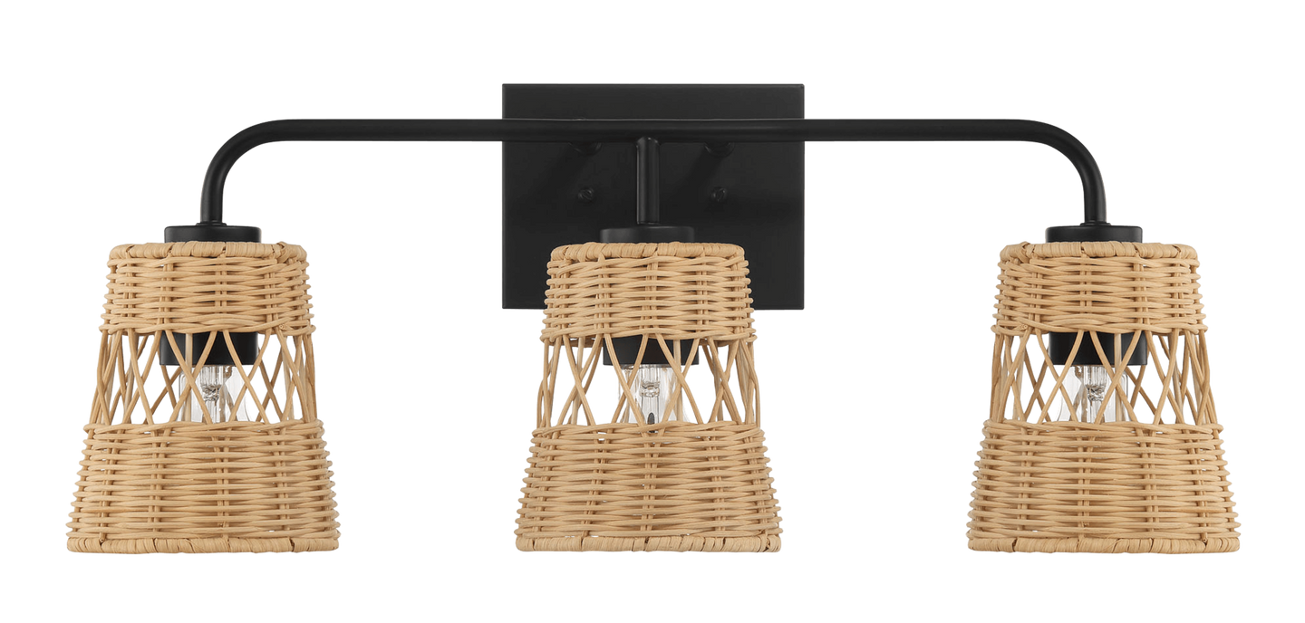 Moonlit Three Lights Wall Sconce With Rattan Shade, Bathroom Lighting Fixtures Over Mirror