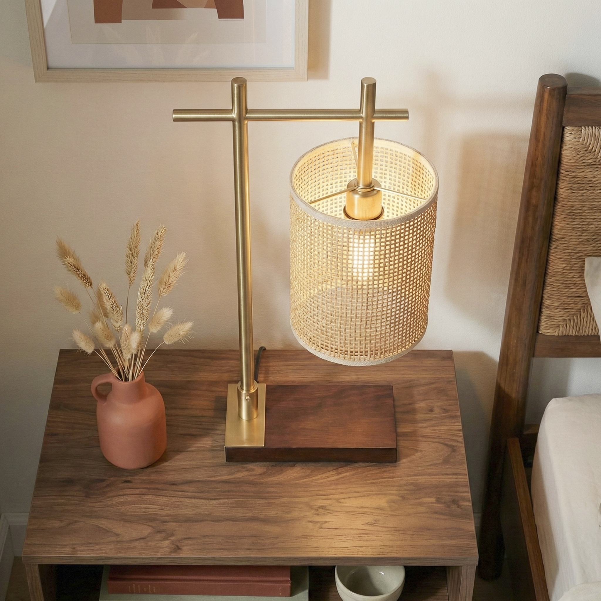 Moonstone Table Lamp | Dark Brown Bamboo & Bronze Base
