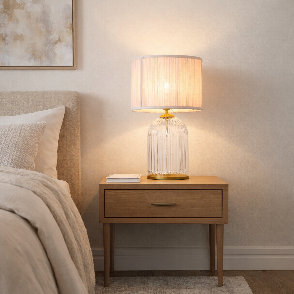Nebulis Table Lamp | Gold Accents & Pink Pleated Shade