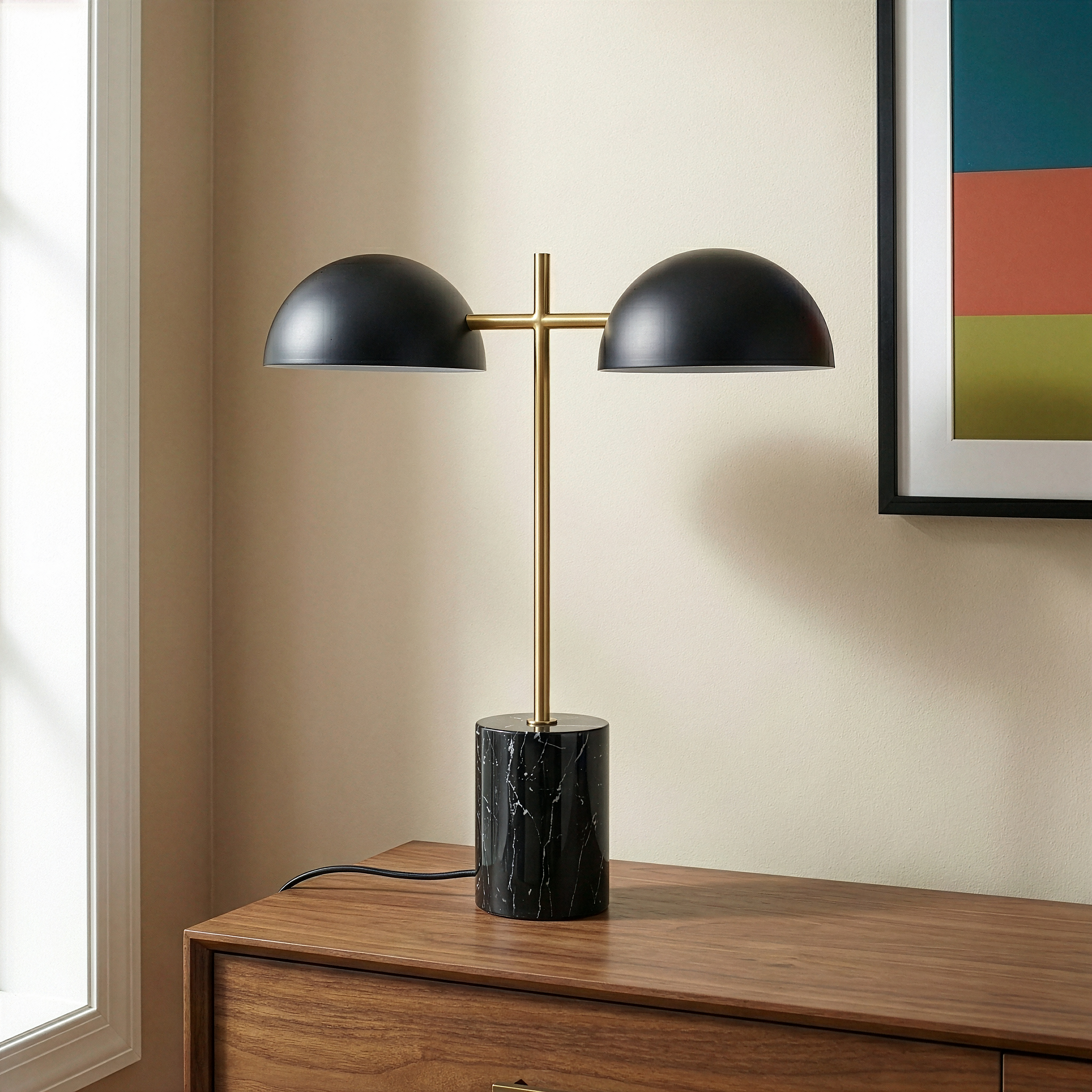 Nova Hydro Black Table Lamp | Double Lamp & Faux Marble Base