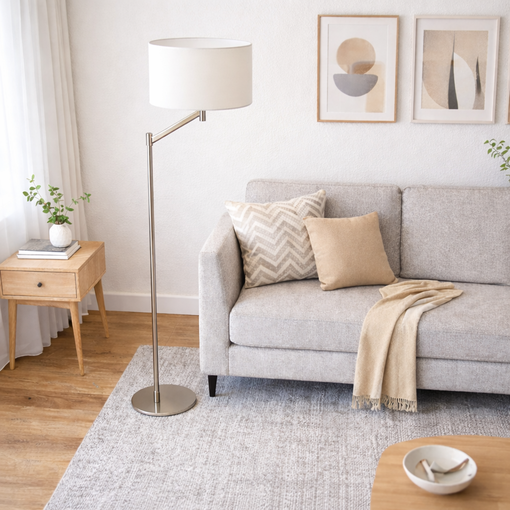 Serene Floor Lamp | Brushed Nickel & White Linen Shade