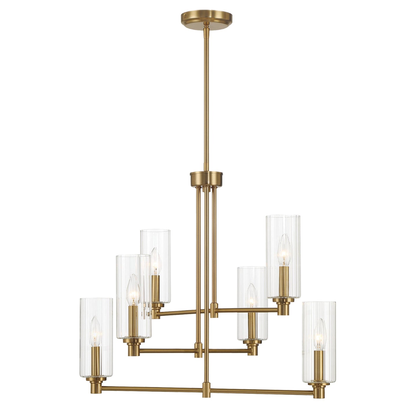 Timeless Six Lights Chandelier | Satin Brass & Clear Ribbed Glass