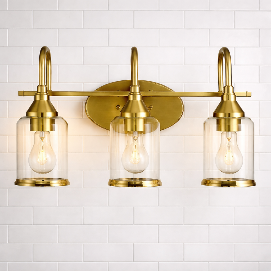 Twilight Vanity Light | Brushed Gold & Three-Light Clear Glass Design