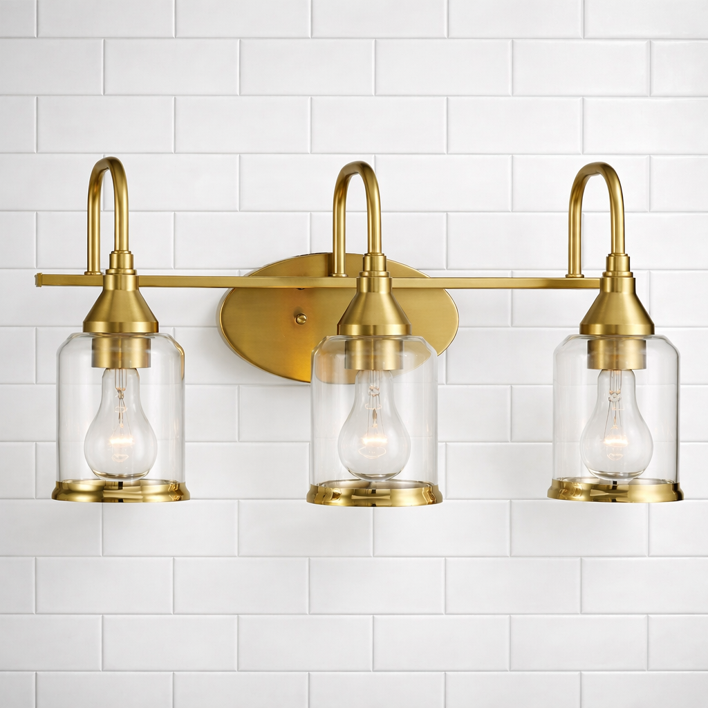 Twilight Vanity Light | Brushed Gold & Three-Light Clear Glass Design