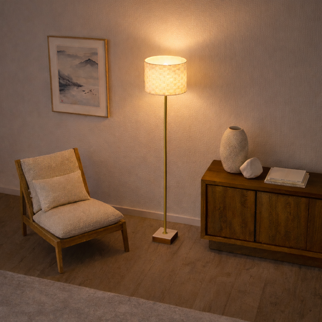 Viora Floor Lamp | Marble & Wood Base with Woven Shade