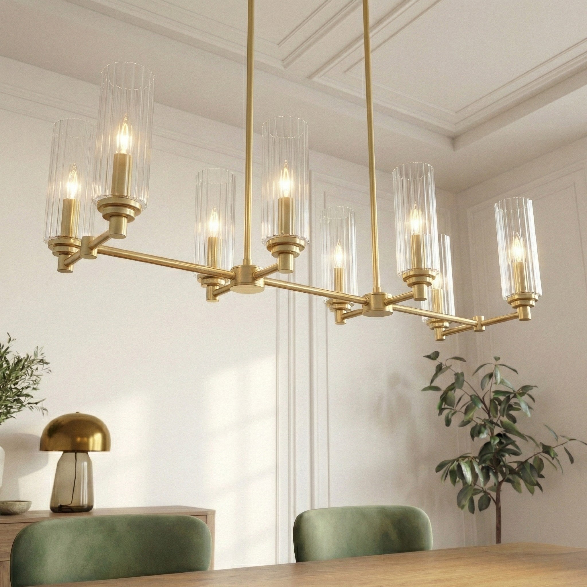 Willow Eight Lights Island Pendant | Satin Brass & Clear Ribbed Glass