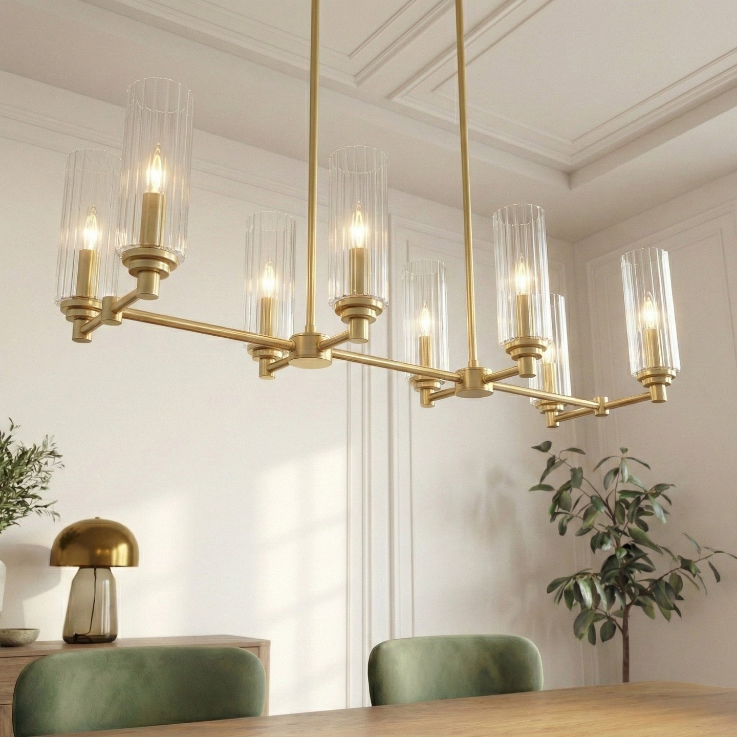 Willow Eight Lights Island Pendant | Satin Brass & Clear Ribbed Glass