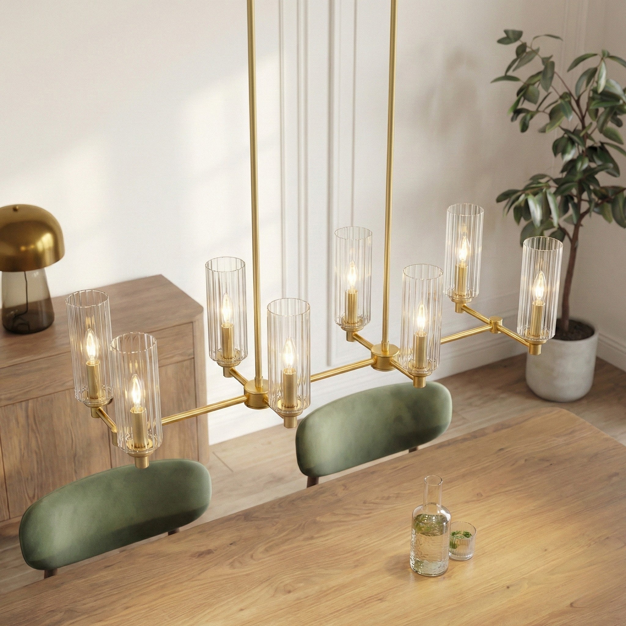 Willow Eight Lights Island Pendant | Satin Brass & Clear Ribbed Glass